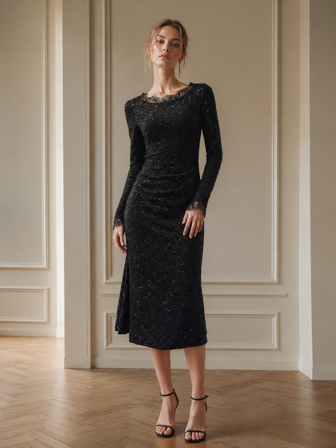 Women's Black Long-Sleeve Lace Shift Dress L-40445