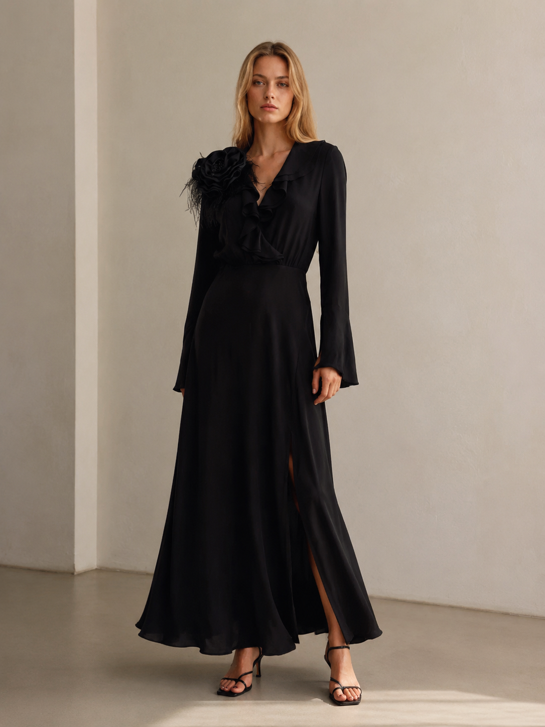 Women's Black Tie-Neck Flare-Sleeve Ruffle Maxi Dress W-34123