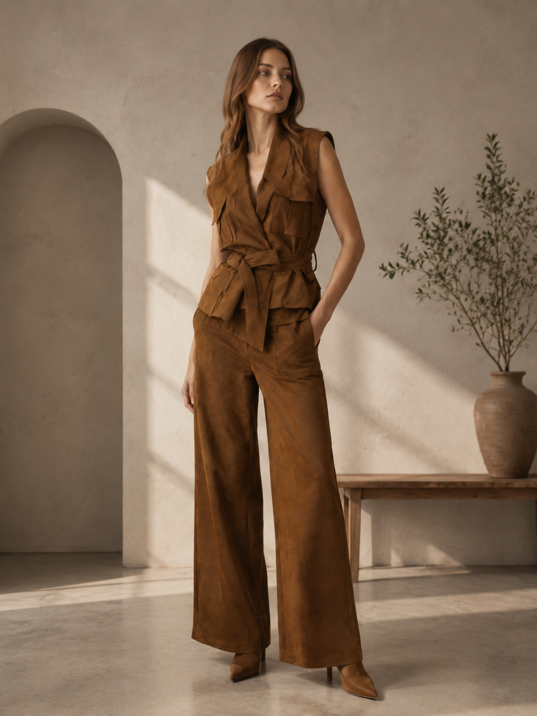 Women's Chocolate Brown Belted Sleeveless Wide-Leg Jumpsuit W-41353+W-41505