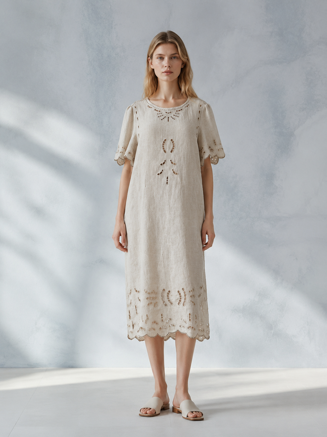 Women's Ivory Floral Embroidered Short-Sleeve Dress W-42945
