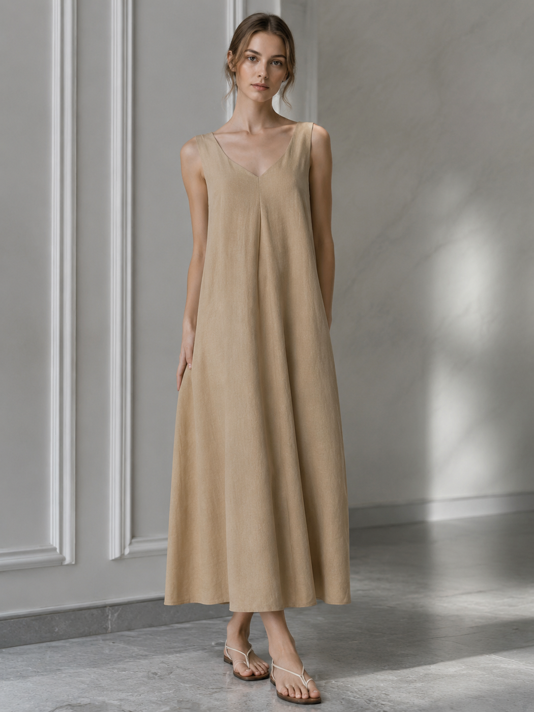 Women's Camel Sleeveless Minimalist Shift Dress W-42955