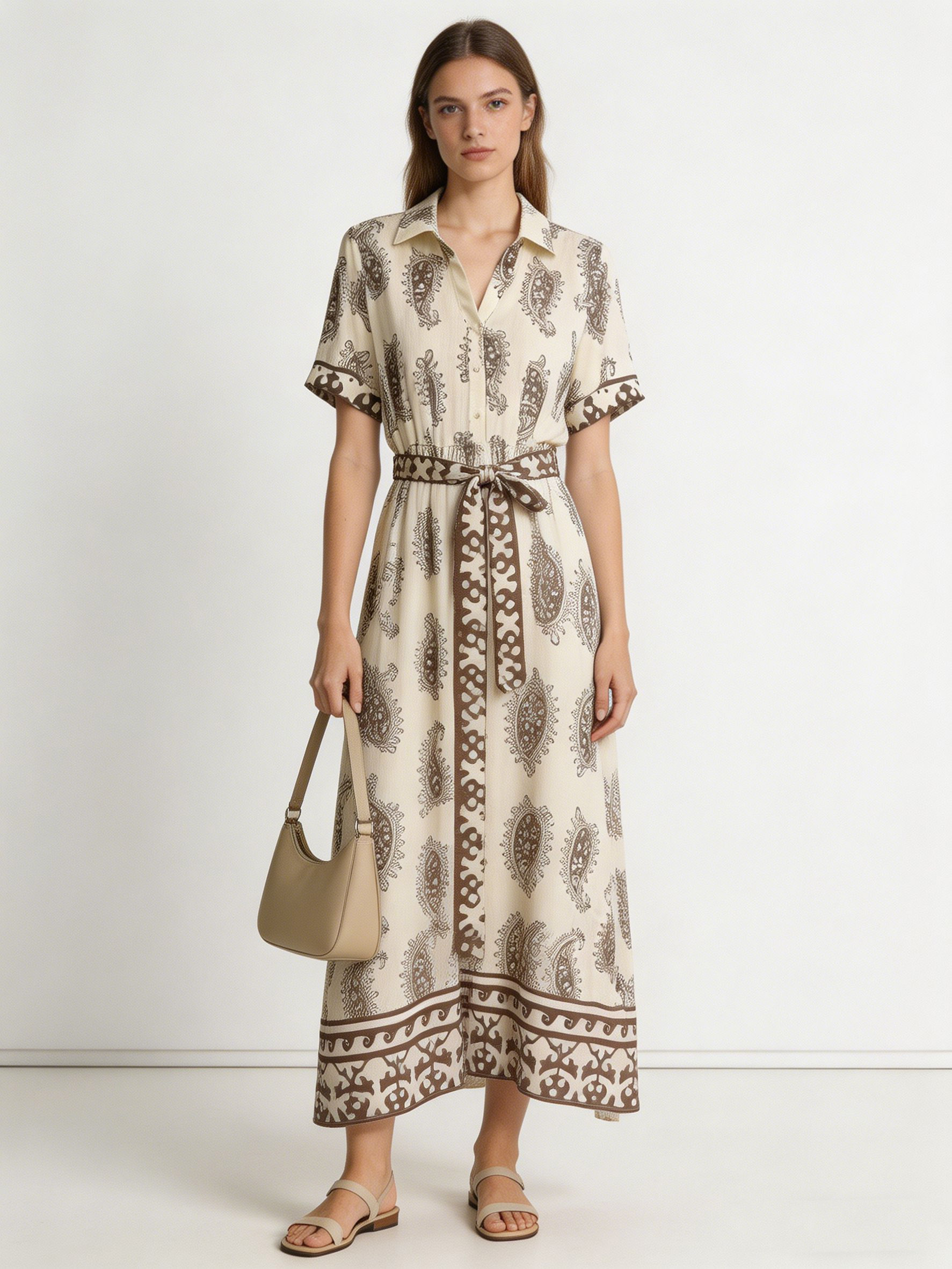 Women’s Boho Paisley Print Belted Midi Shirt Dress D-42275