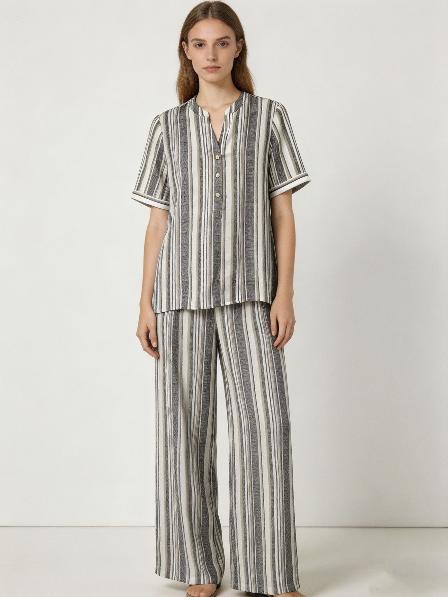 Women’s Linen-Look Striped Two Piece Lounge Set with Wide Leg Pants D-42149+D-40662