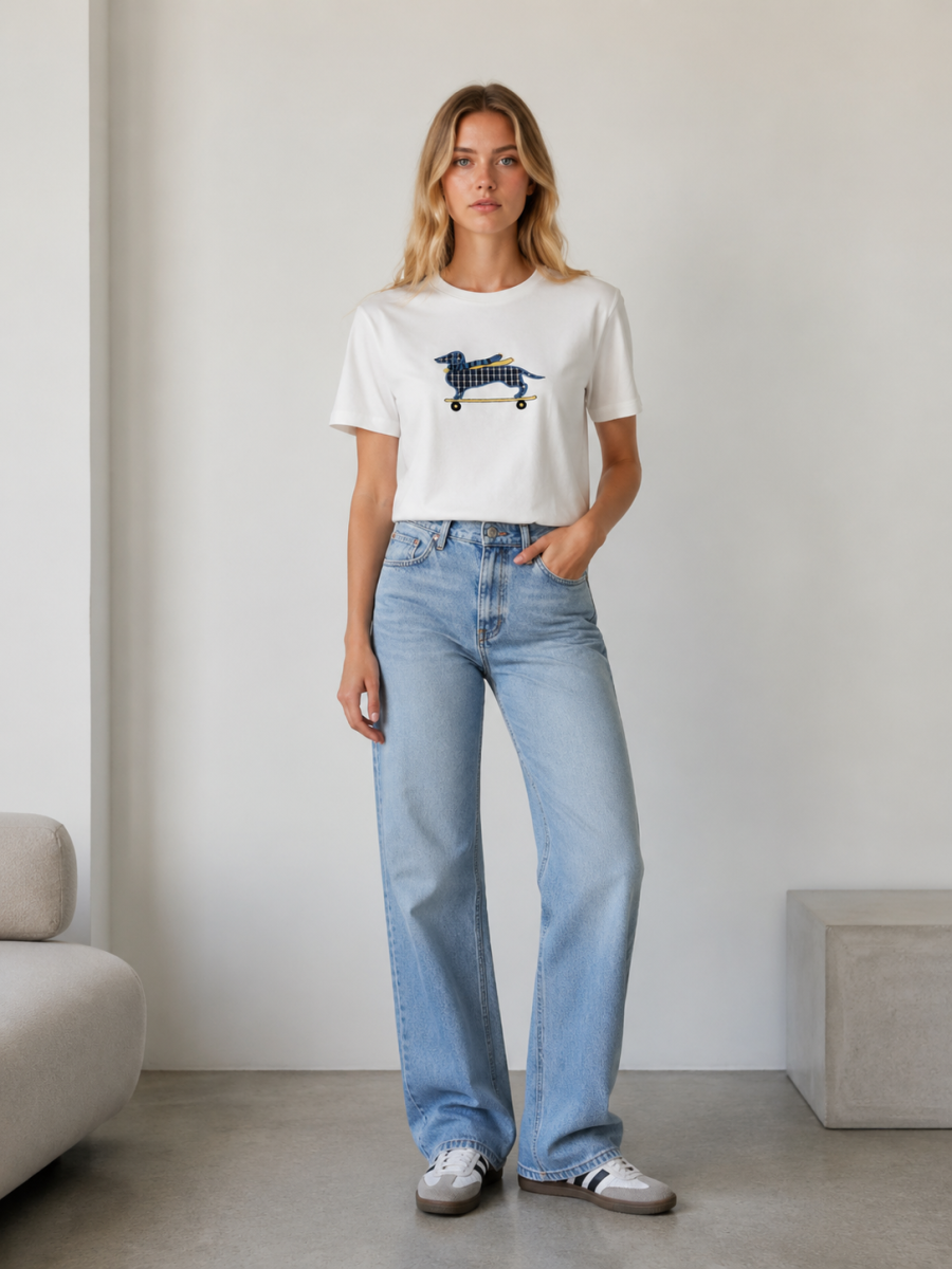 Women's White Colorful Dog Graphic T-Shirt 867