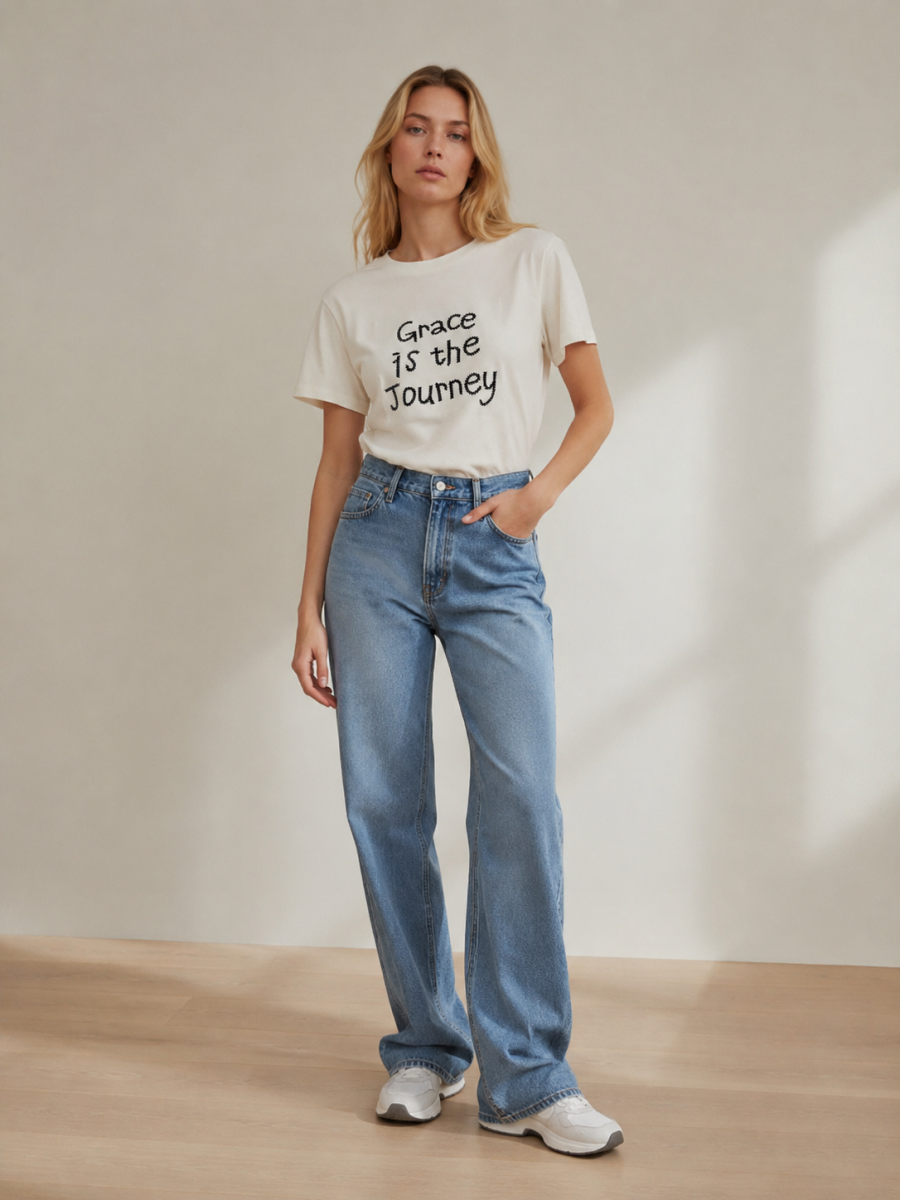 Women's White Grace Is the Journey Slogan T-Shirt 868