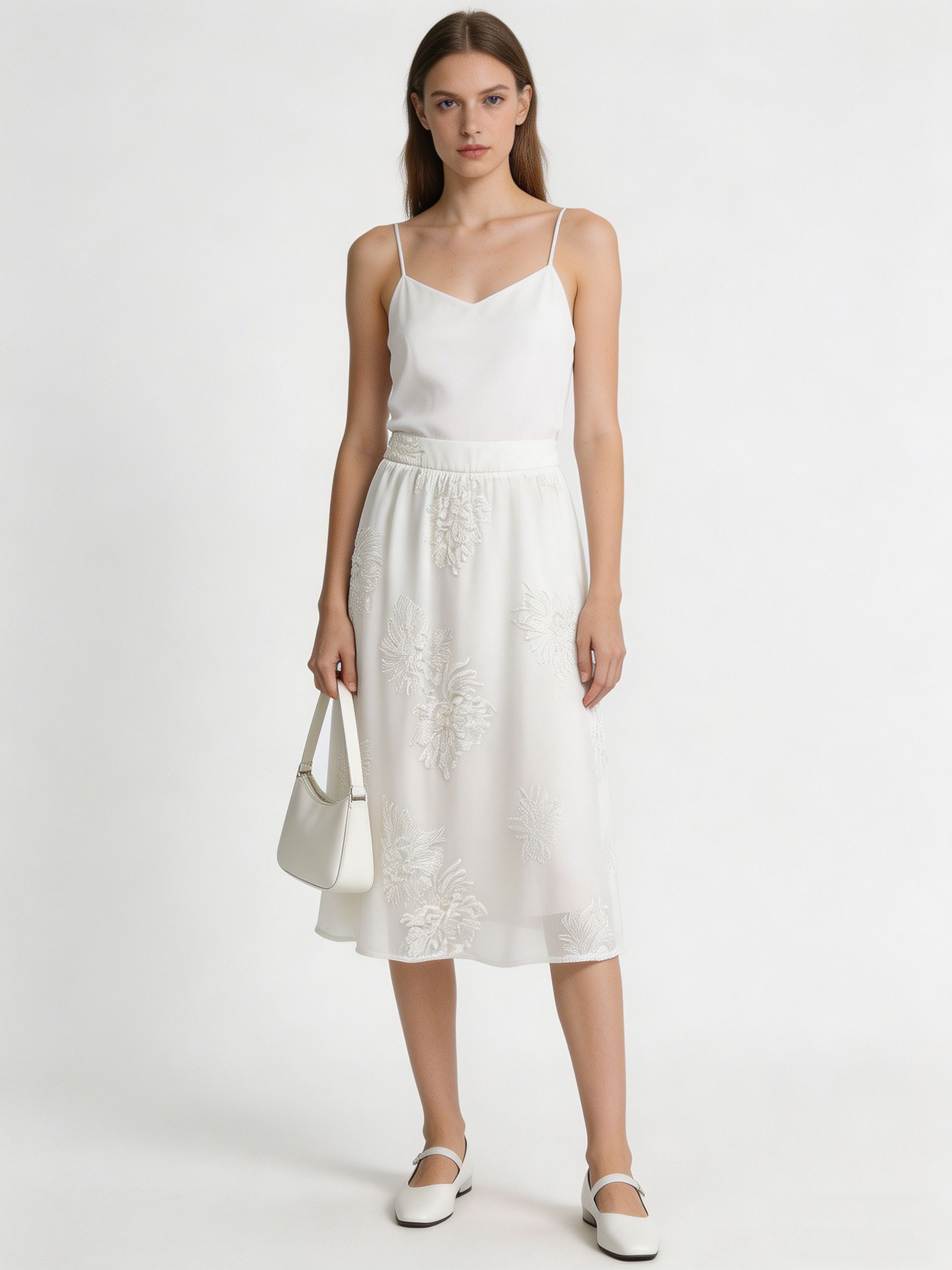 Summer casual set. A-Line Mesh Dress - White Feather Embroidered Tulle Dress C-42444