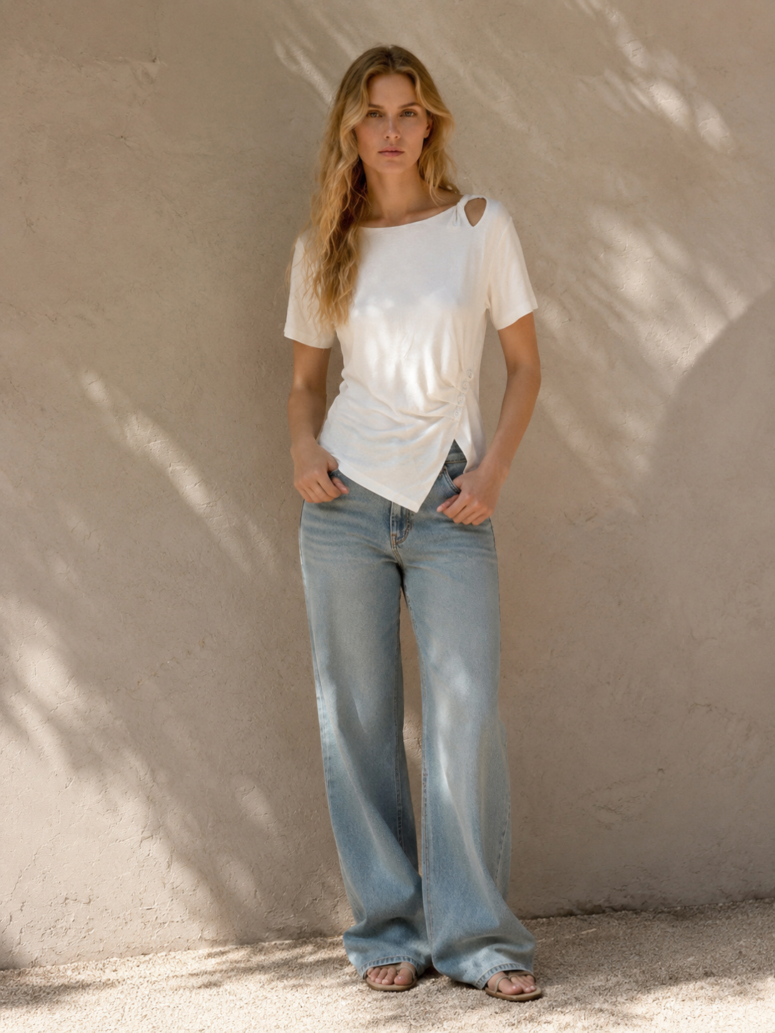 Women's Asymmetric Cutout-Shoulder T-Shirt 2219