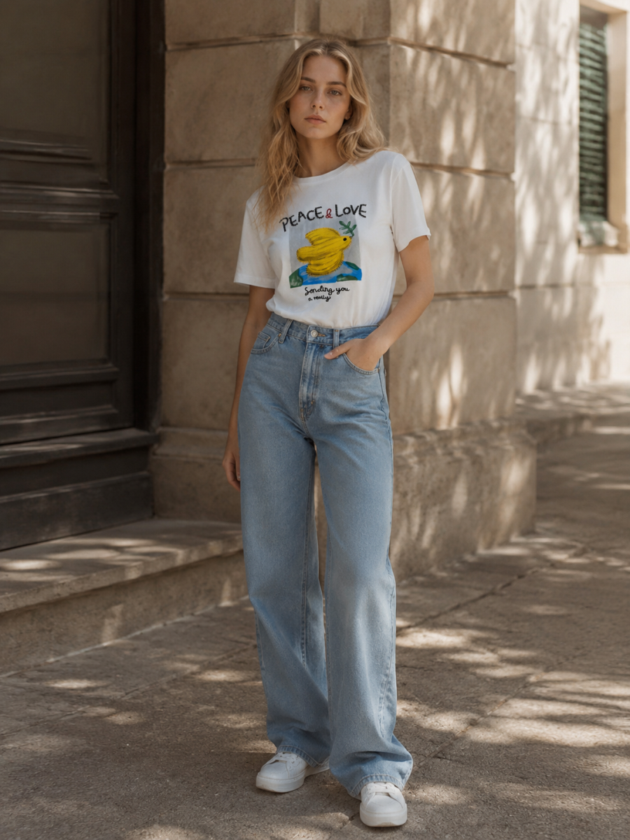 Women's White Peace and Love Frog Graphic T-Shirt 9799