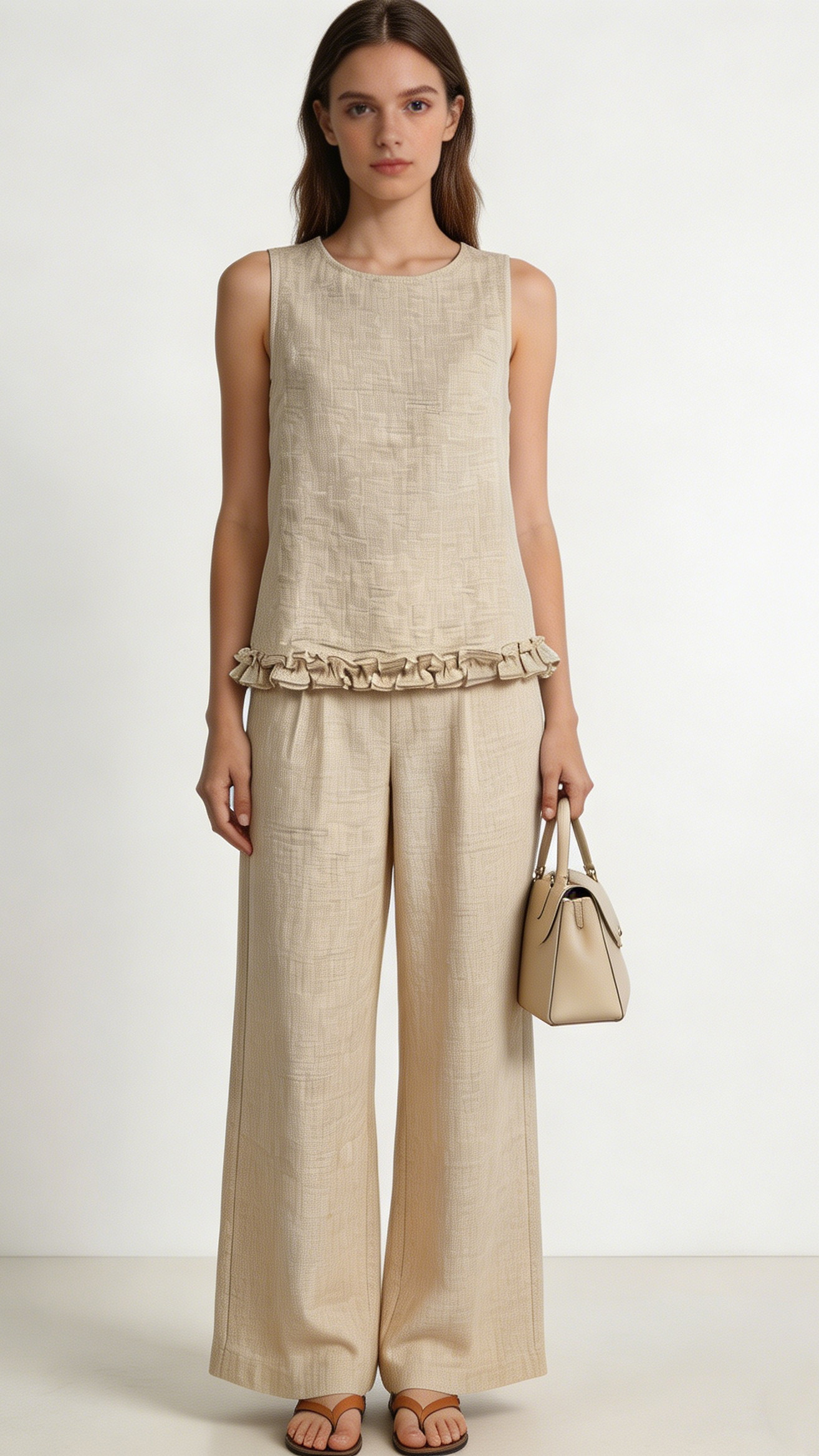 Women's Beige Textured Ruffle Hem Sleeveless Top & Wide Leg Pants Set  A-41587+A411615