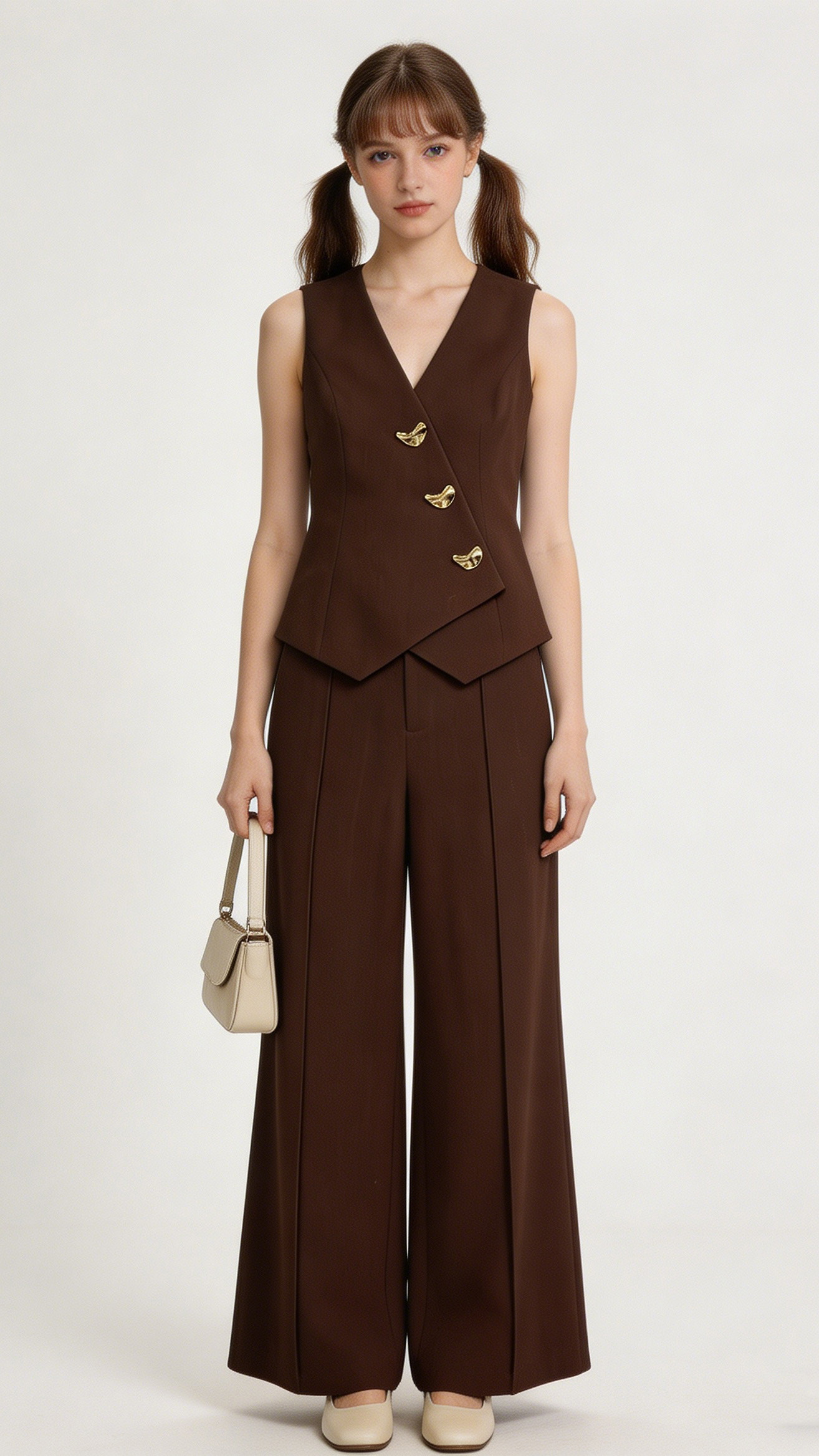 Elegant Brown Two Piece Set - Asymmetric Waistcoat & High Waist Flare Trousers  C-41704+C-41703