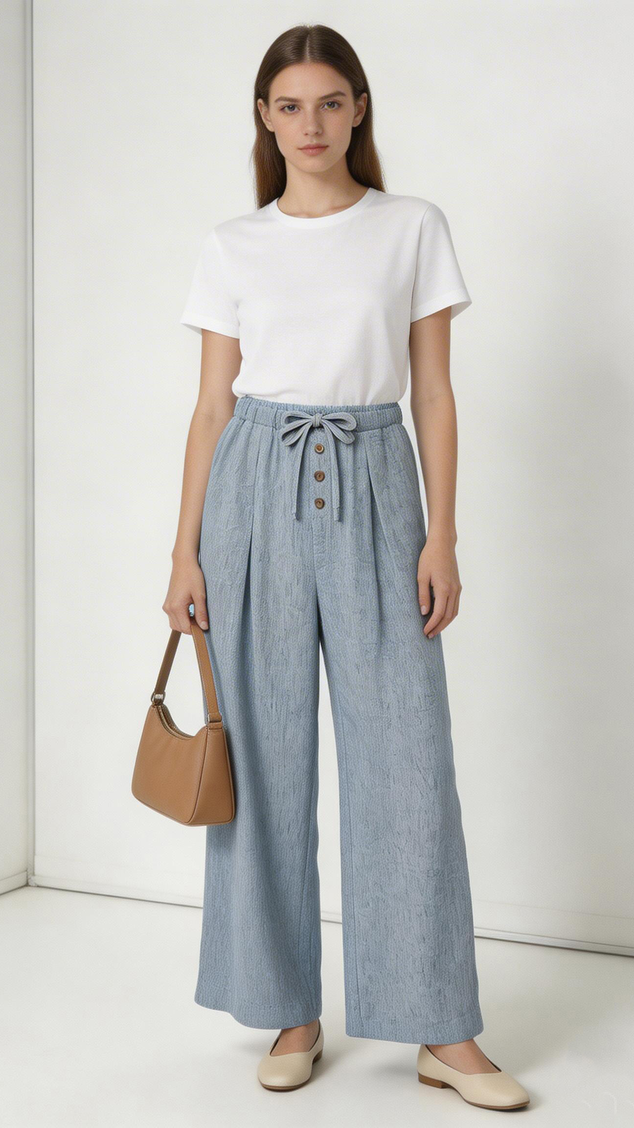 Summer Casual Linen-Look Wide Leg Pants with Button Drawstring A-42030