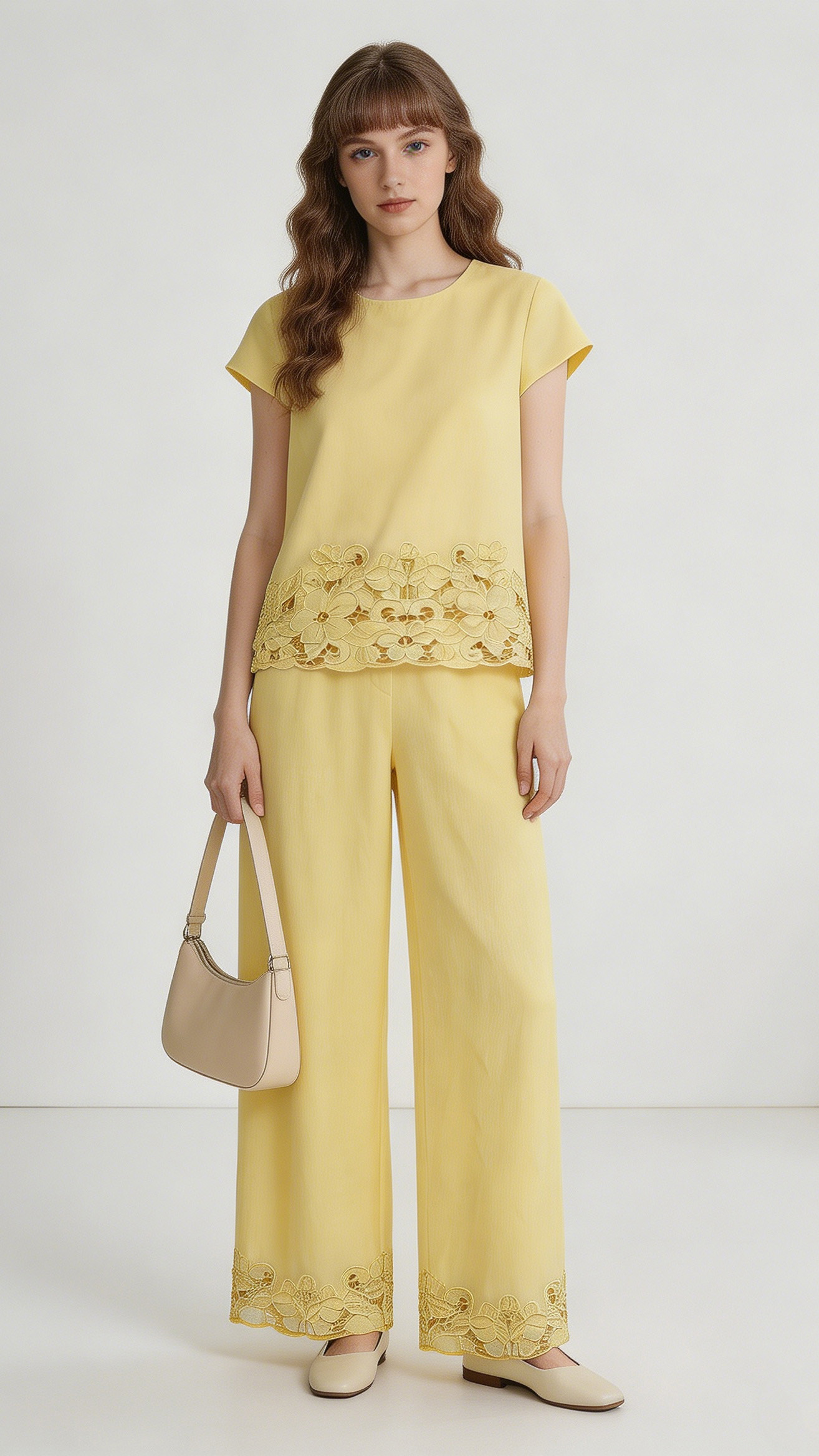 Women’s Linen Two Piece Set – Embroidered Top & Wide Leg Pants Summer Resort Wear A-42592