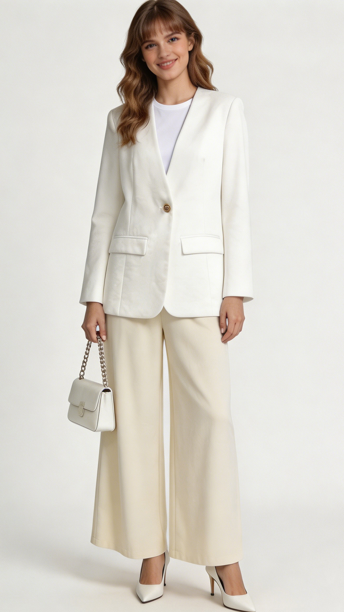 White Linen Two-Piece Set - Relaxed Blazer & Wide Leg Pants C-38668+C-41321