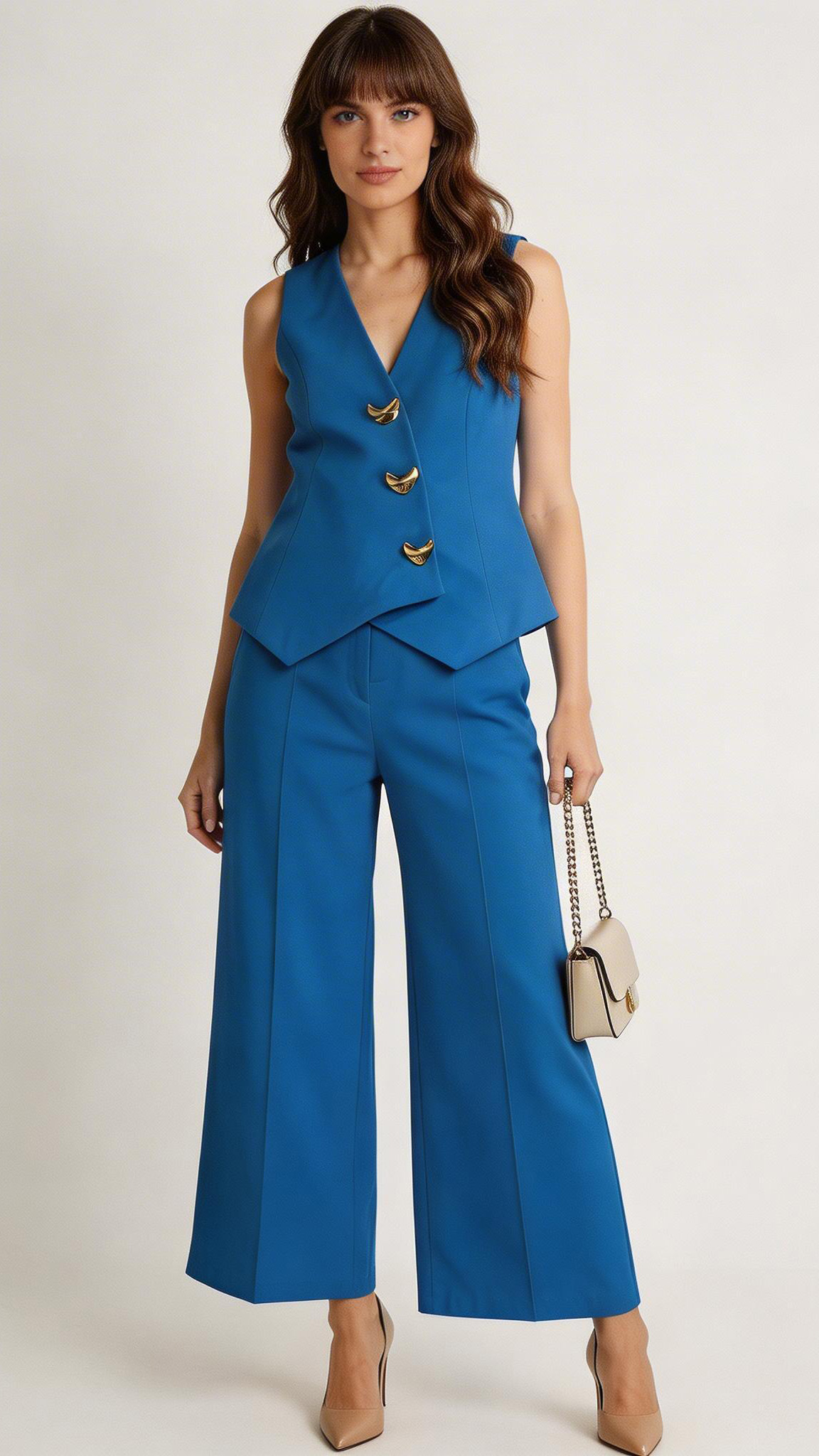 Vibrant Blue Tailored Vest and Wide-Leg Pants Matching Set C-41265+C-41266