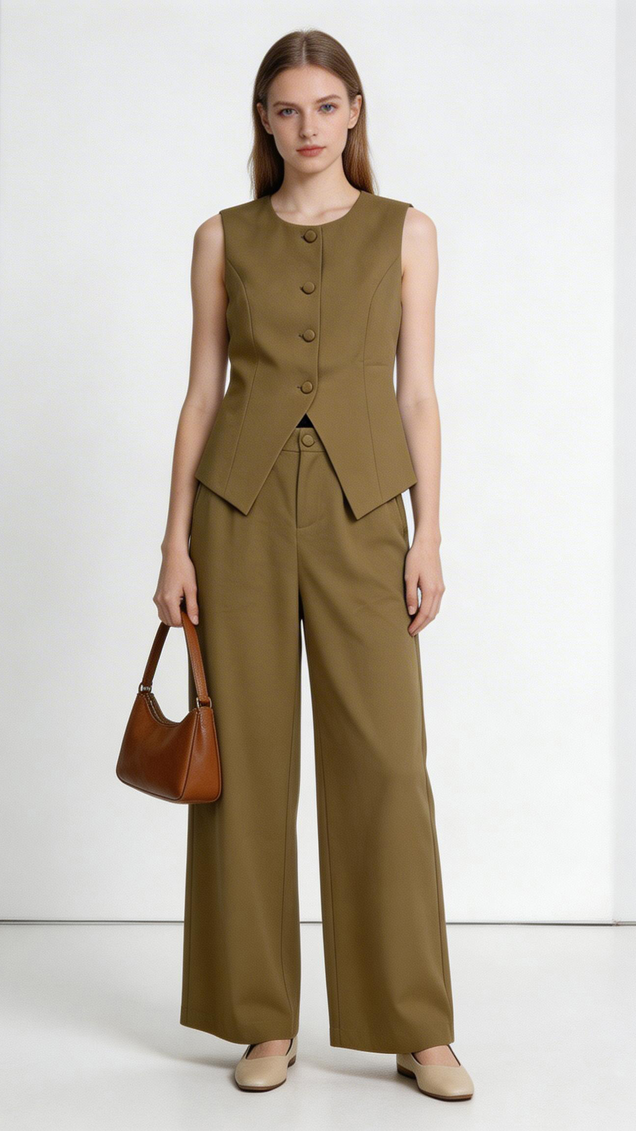 Women's Minimalist Round Neck Vest Suit Set with Covered Buttons and Wide Leg Pants C-41298+C-41299