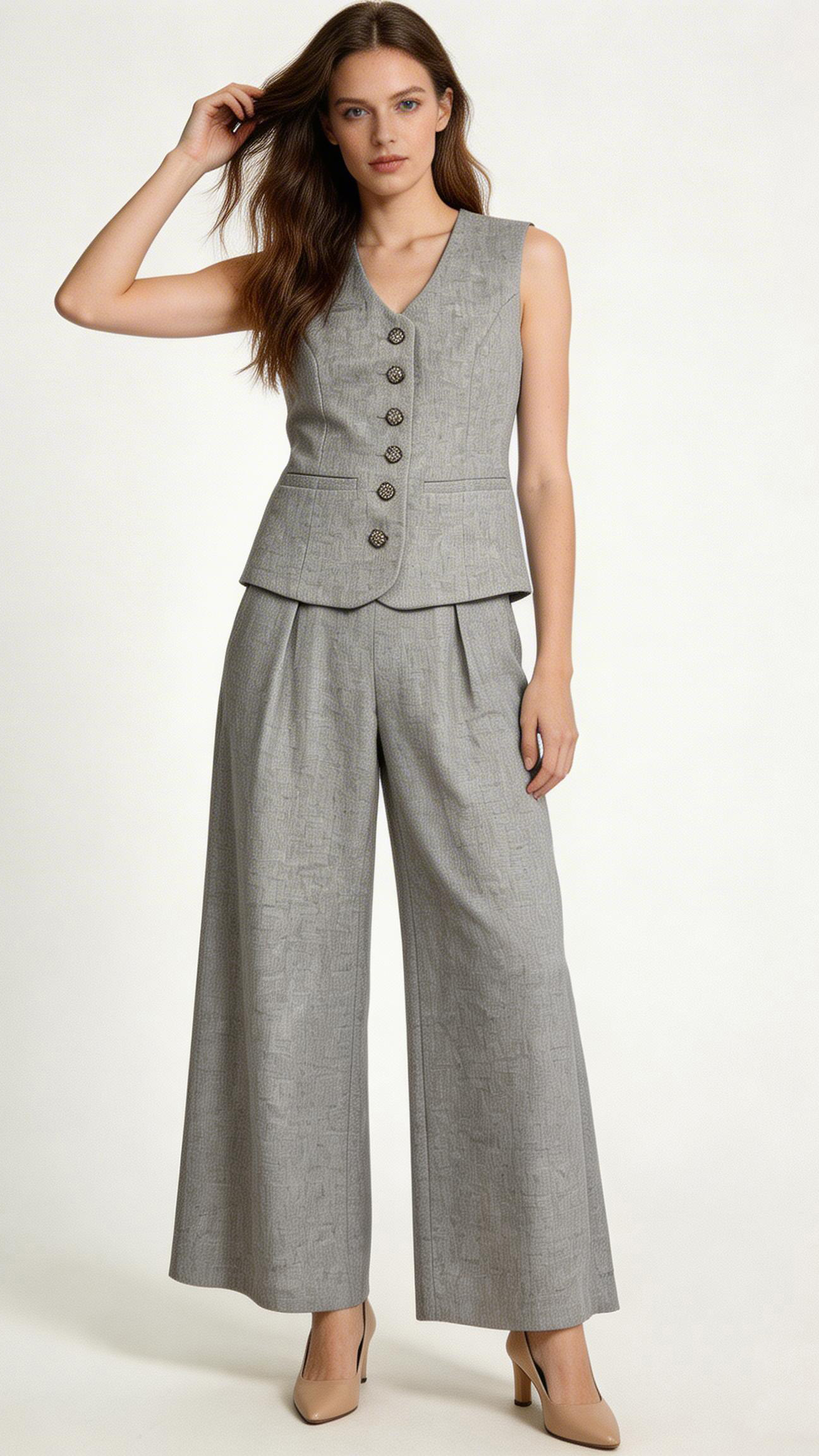 Light Grey Linen Blend Sleeveless Vest Wide Leg Pants Set - Office Two Piece Outfit C-41318+C-41319