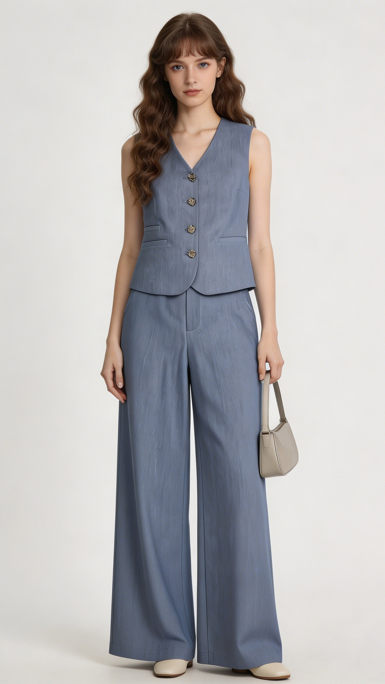 Light Blue Denim-Look Sleeveless Vest Wide Leg Pants Set - Office Two Piece Outfit C-41381+C-41382