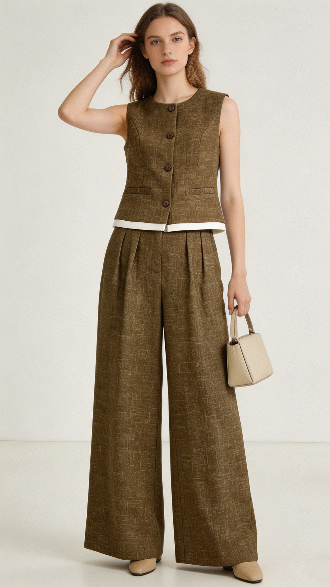 Brown Linen-Blend Sleeveless Vest Wide Leg Pants Set - Two Piece Outfit C-41517+C-41518