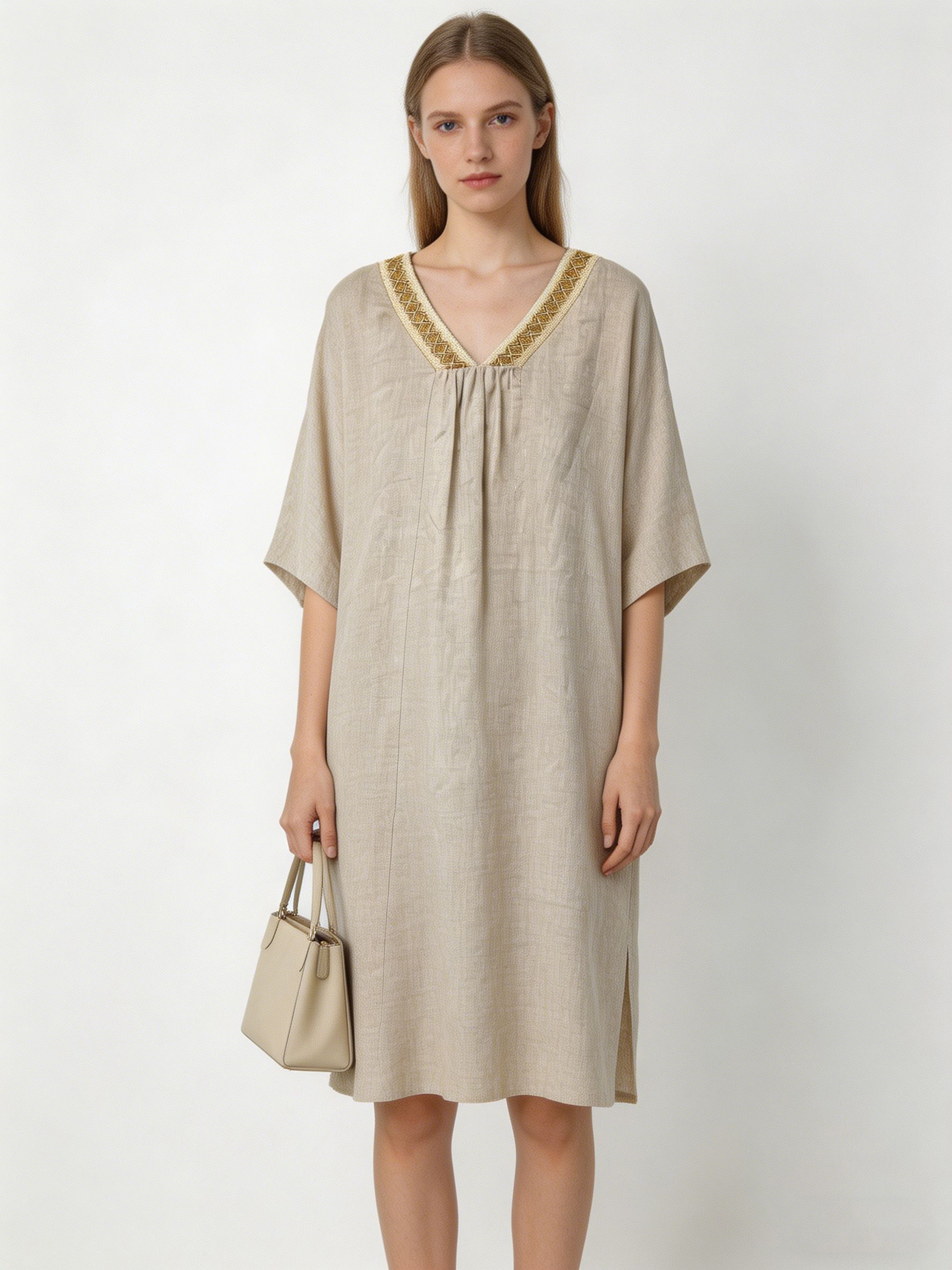 Minimalist Linen Look V-Neck Midi Dress – Women’s Casual Resort Style C-42326