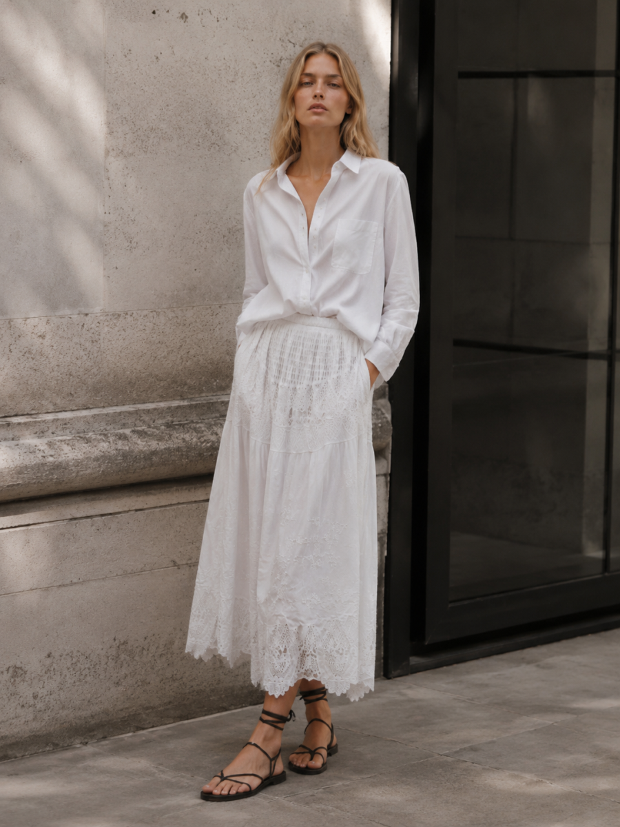 Women's White Floral Lace Maxi Skirt with Scalloped Hem 5118