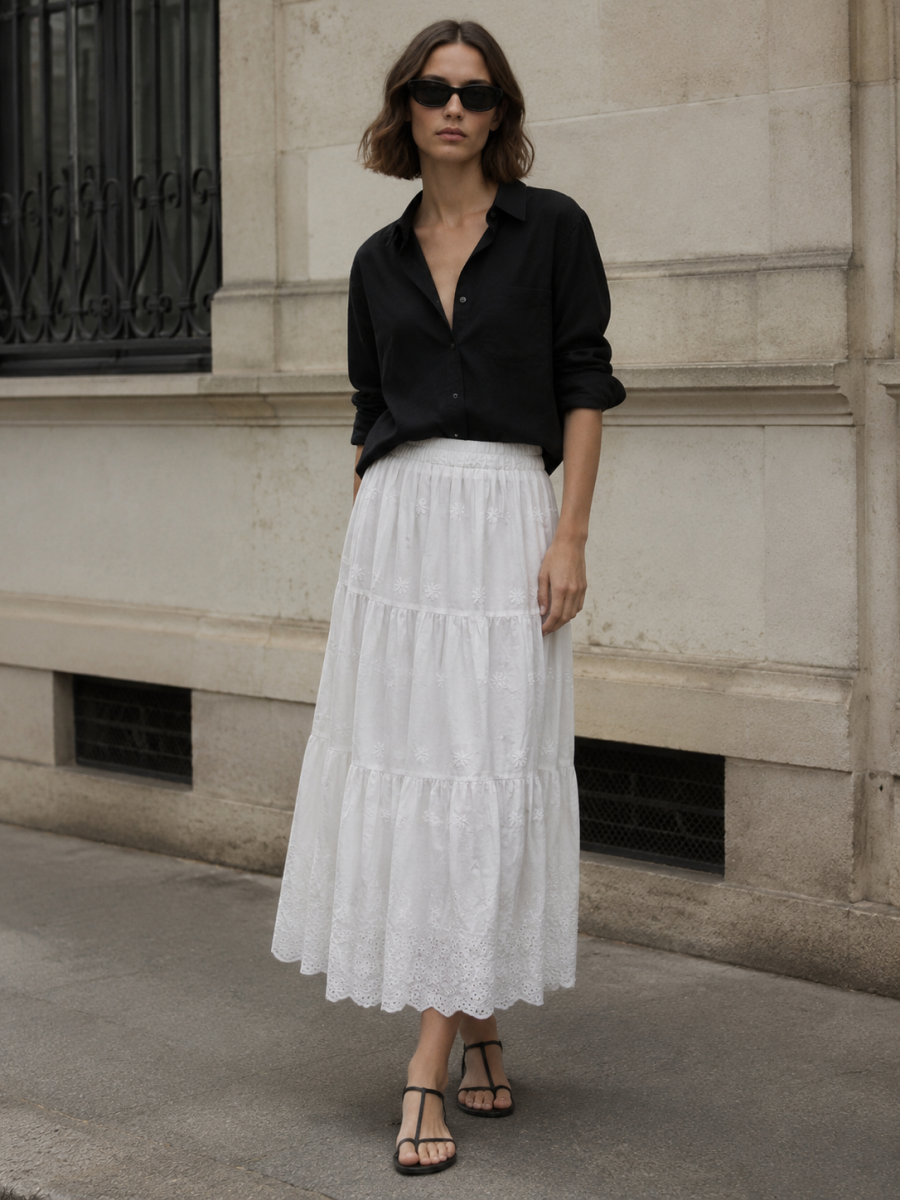 Women's White Tiered Lace Maxi Skirt 508-20