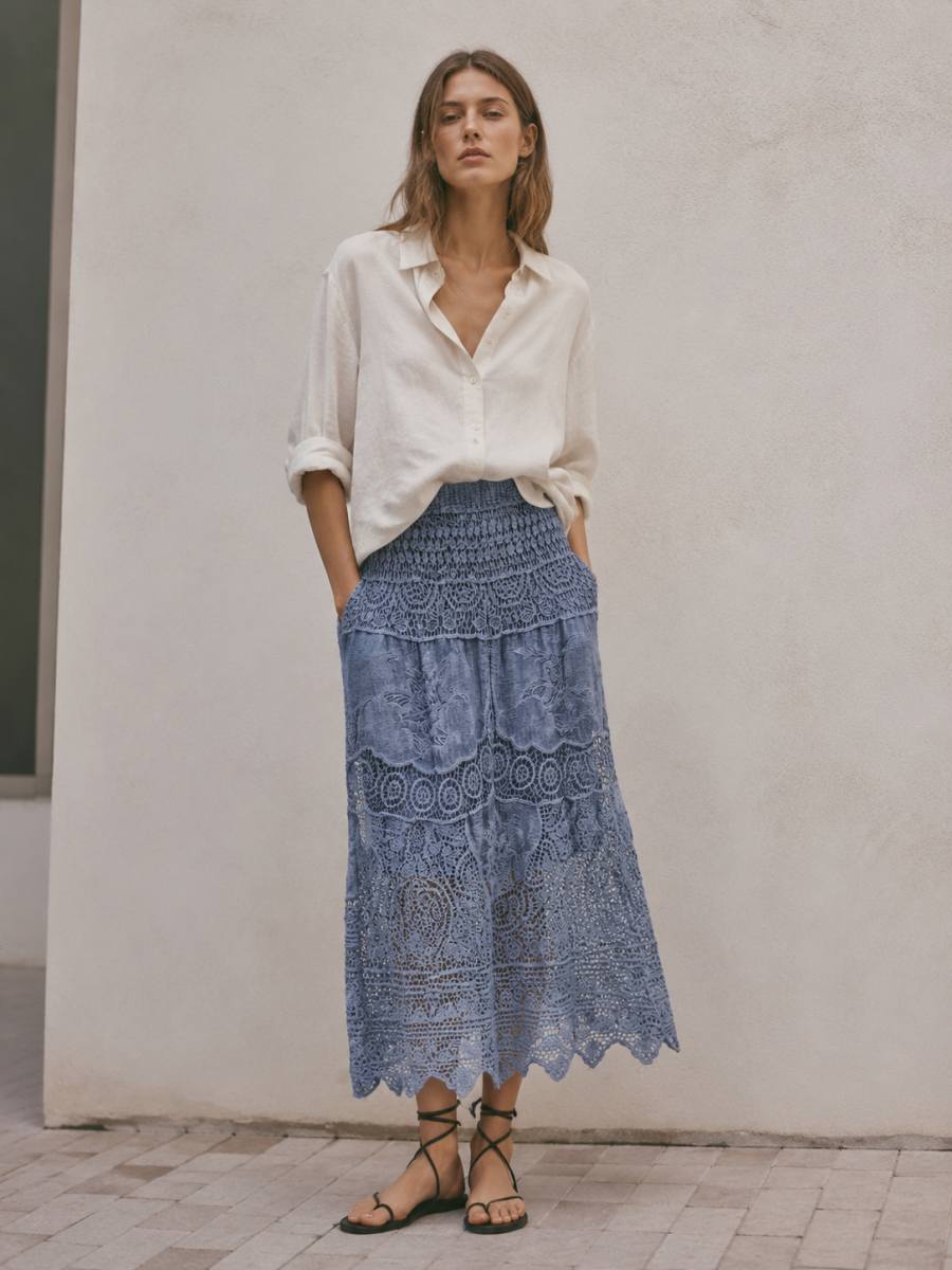 Women's White High-Waist Floral Lace Maxi Skirt 5095