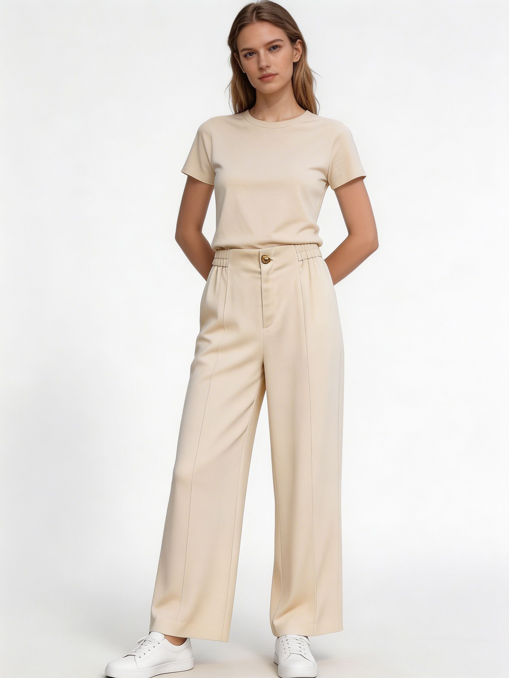 Minimalist Wide Leg Linen Blend Pants with Elastic Waist C-42201
