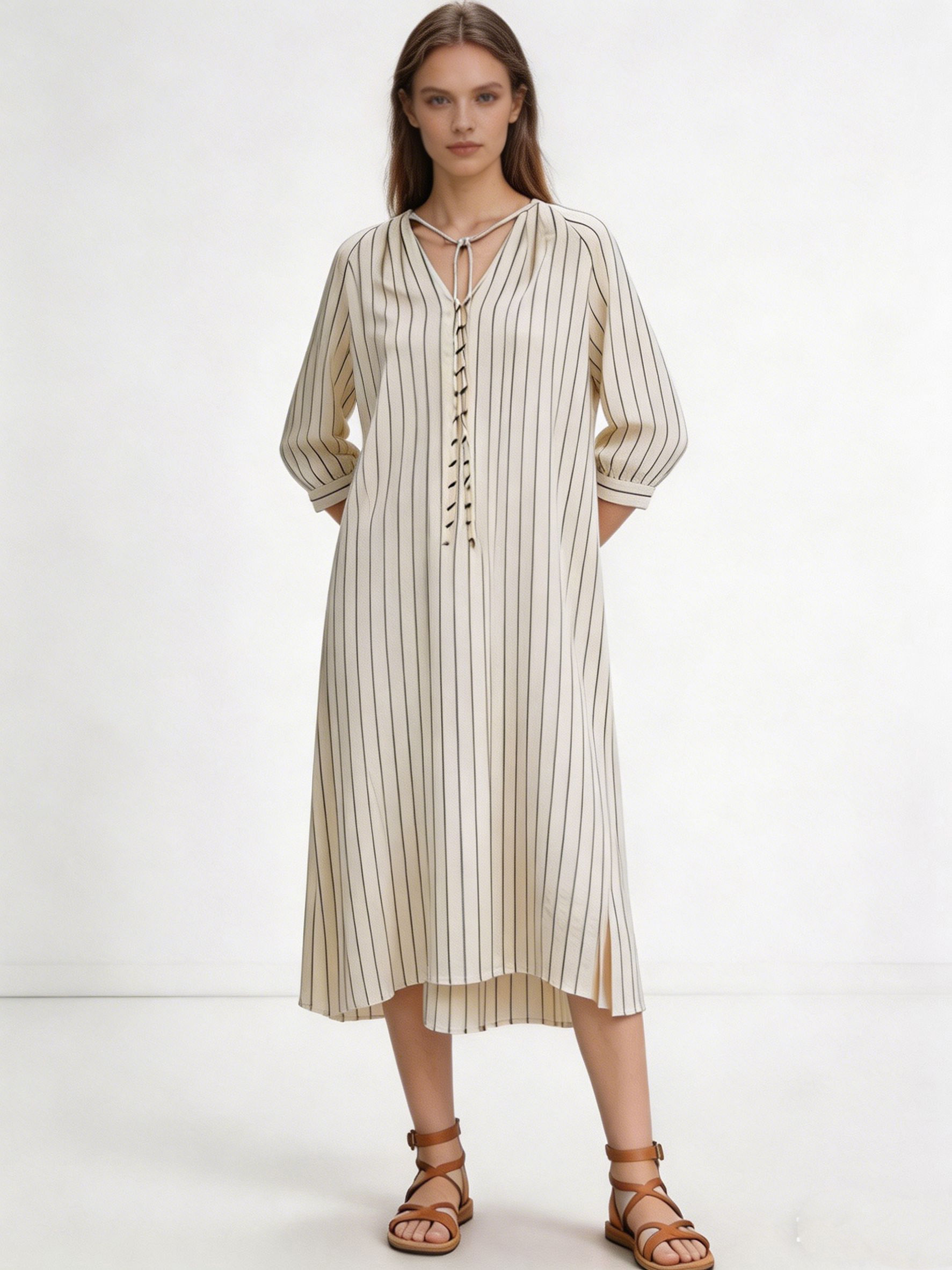 Casual Striped Linen Blend Midi Dress with V-Neck Tie C-42199