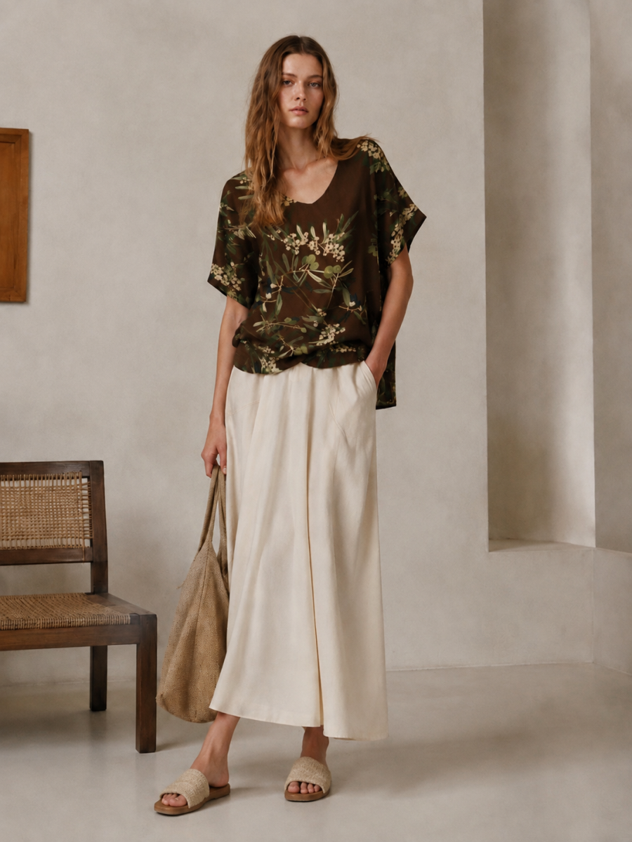 Relaxed‑Fit V‑Neck Batwing‑Sleeve Botanical Print Irregular Hem Summer Tunic W-43514