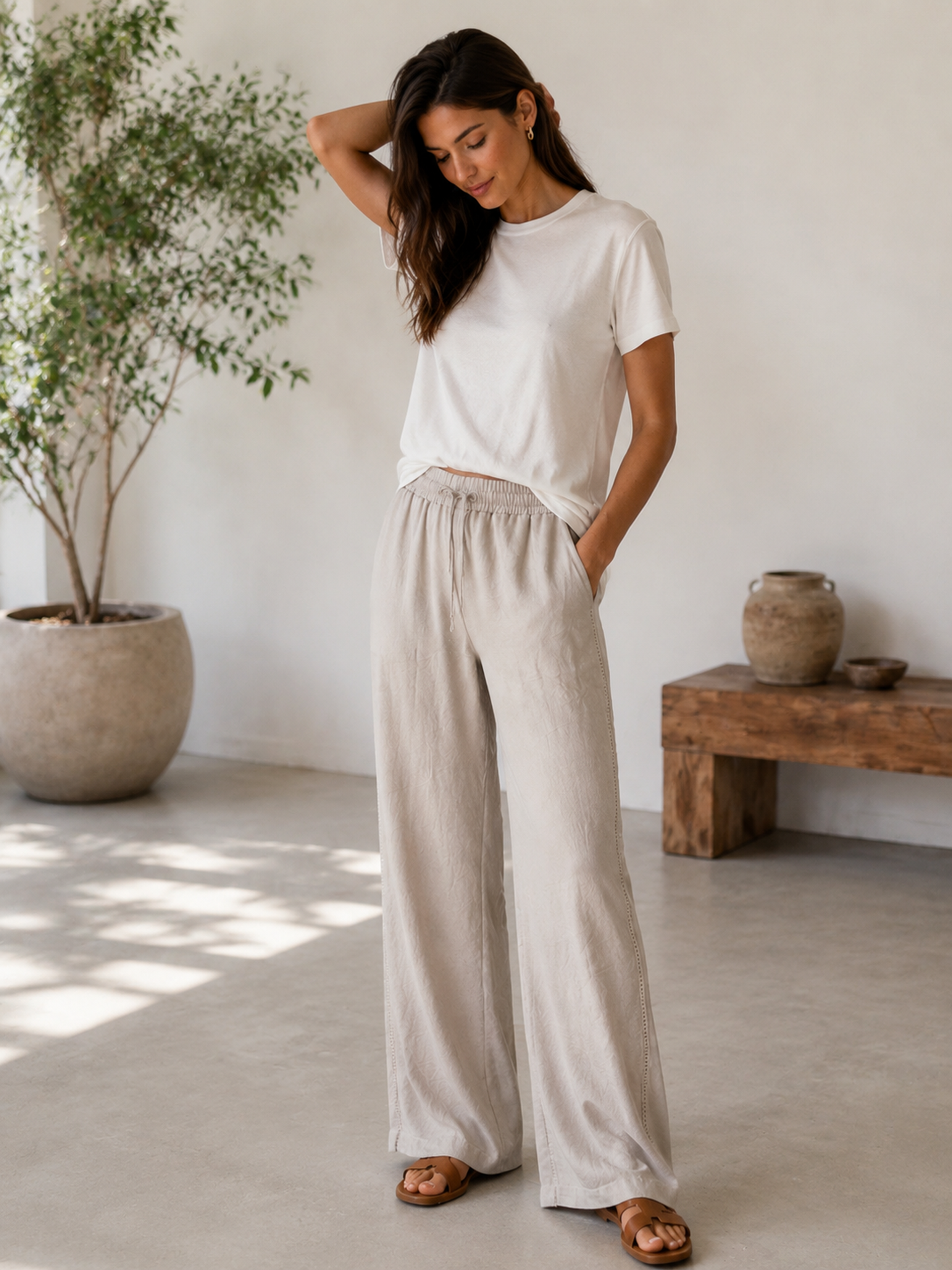 Elegant Casual‑Wear Linen Wide‑Leg Trousers, Women High‑Rise Drawstring Waist Side‑Accent Loose‑Fit Summer Pants A-42204H