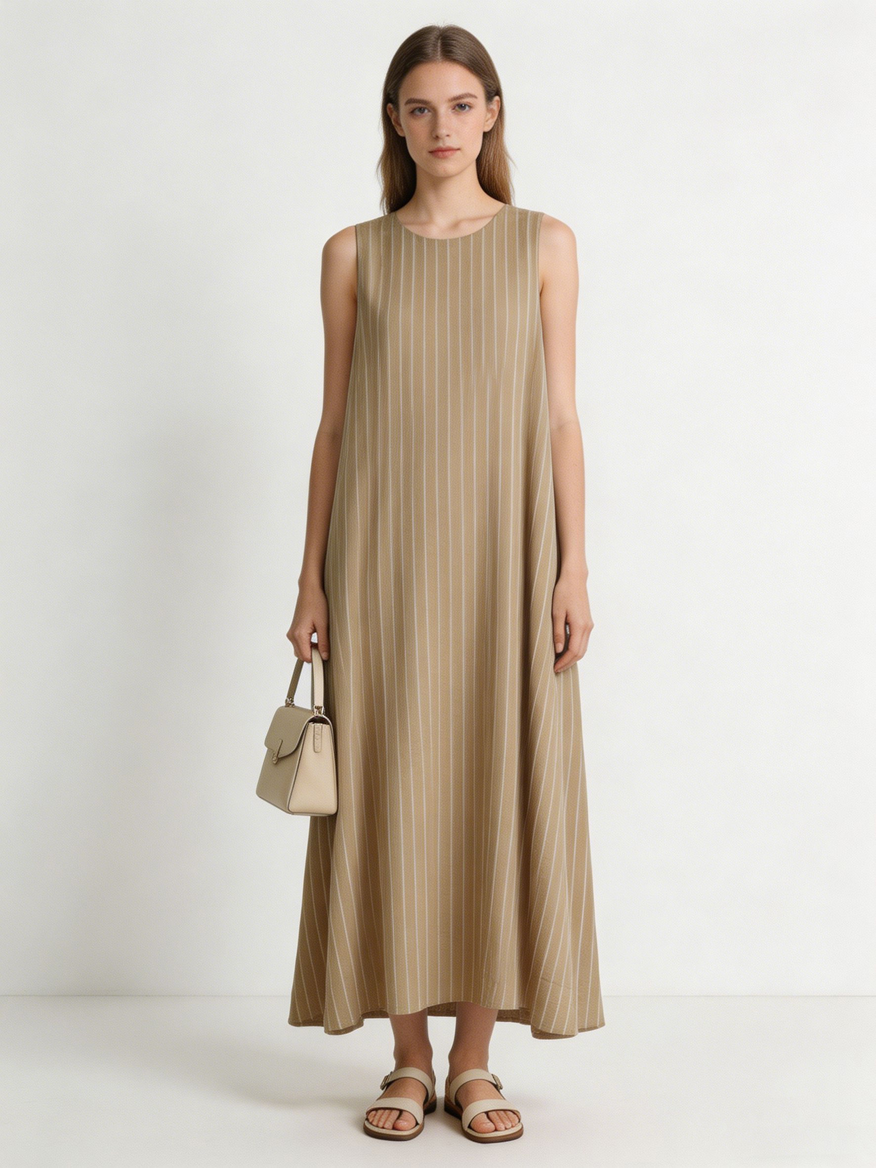 Minimalist Striped Linen Blend A-Line Dress with Back Slit C-42198