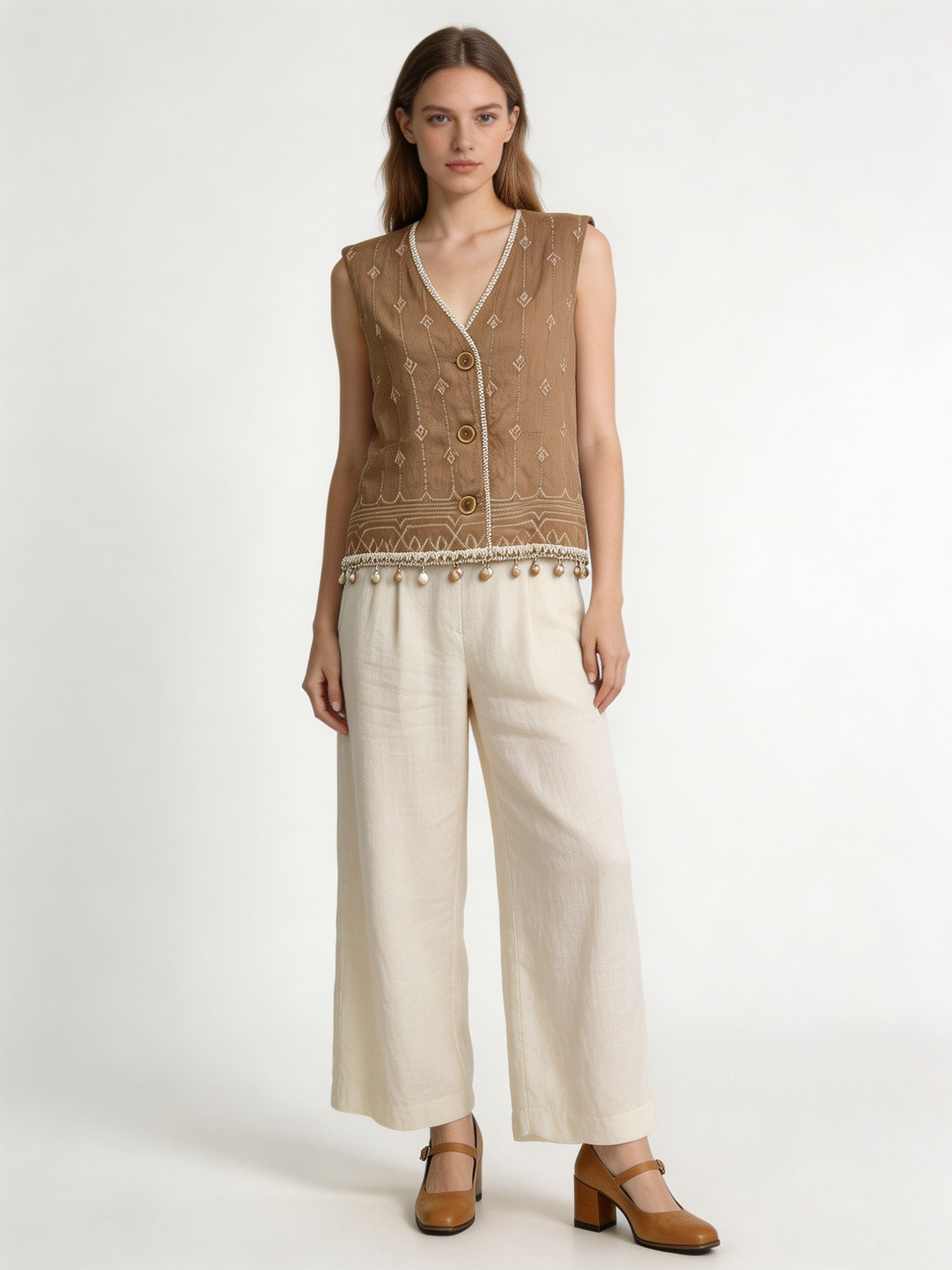 Women’s Boho Embroidered Button Vest – Tassel Detail Summer Top AN-760001