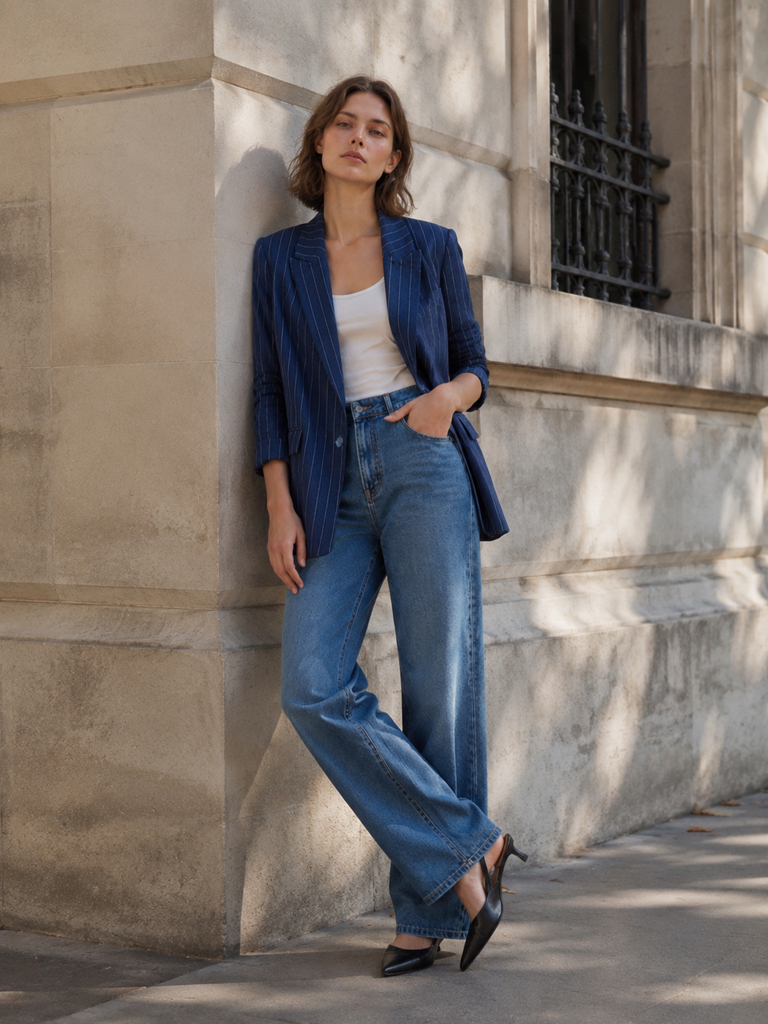 Elegant Navy Vertical‑Stripe Linen‑Style Blazer C-43588
