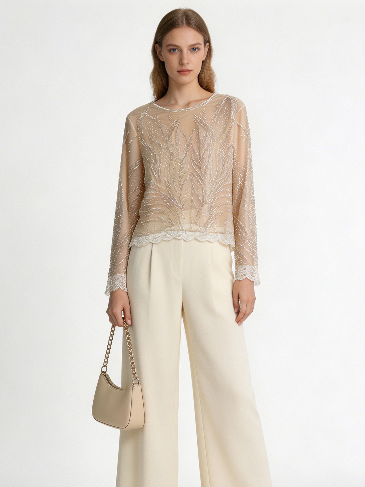 Women’s Sequin Beaded Sheer Mesh Long Sleeve Party Top LA-030406