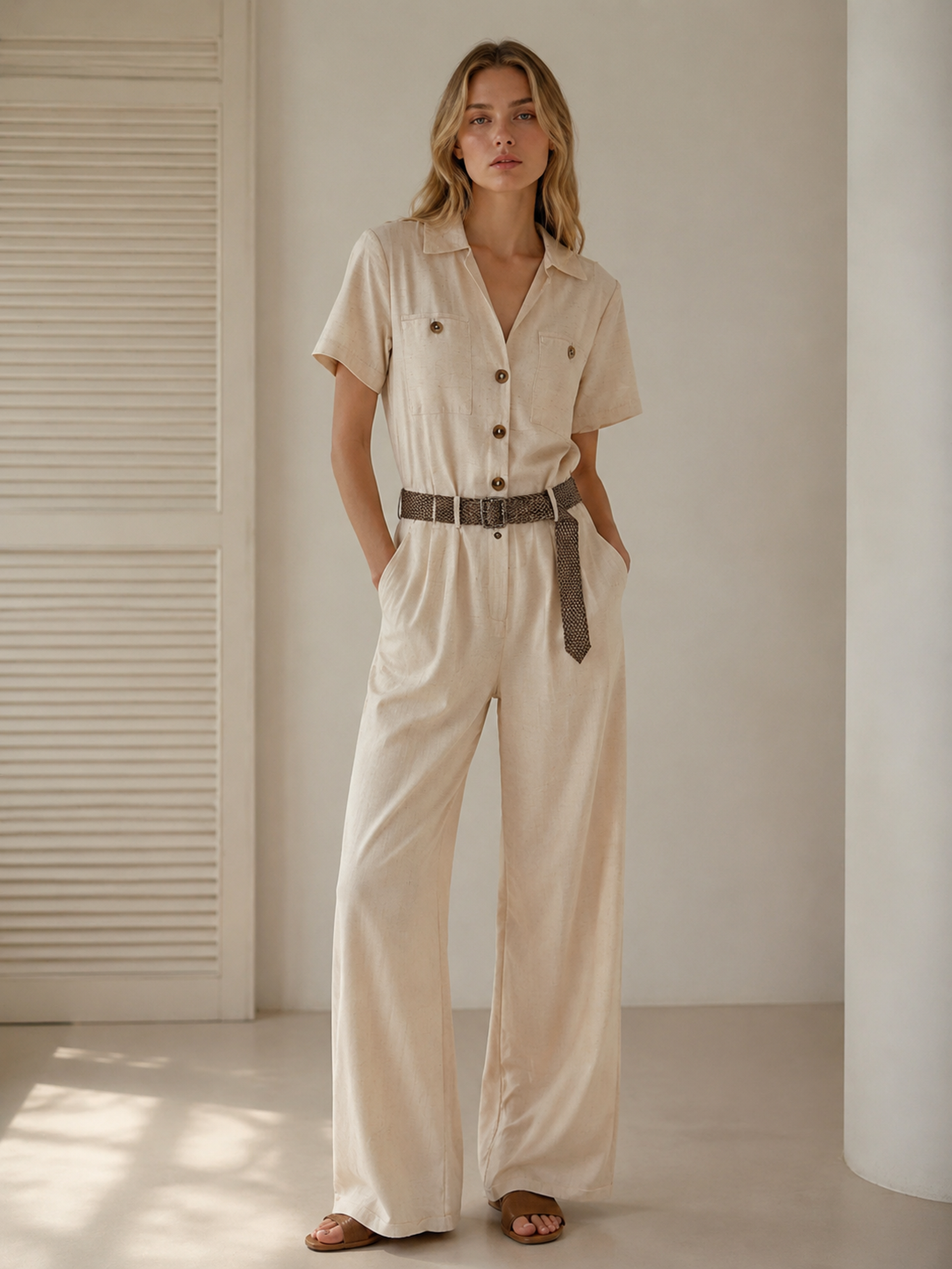 Women's Cream Linen‑Texture Belted Jumpsuit H-37801