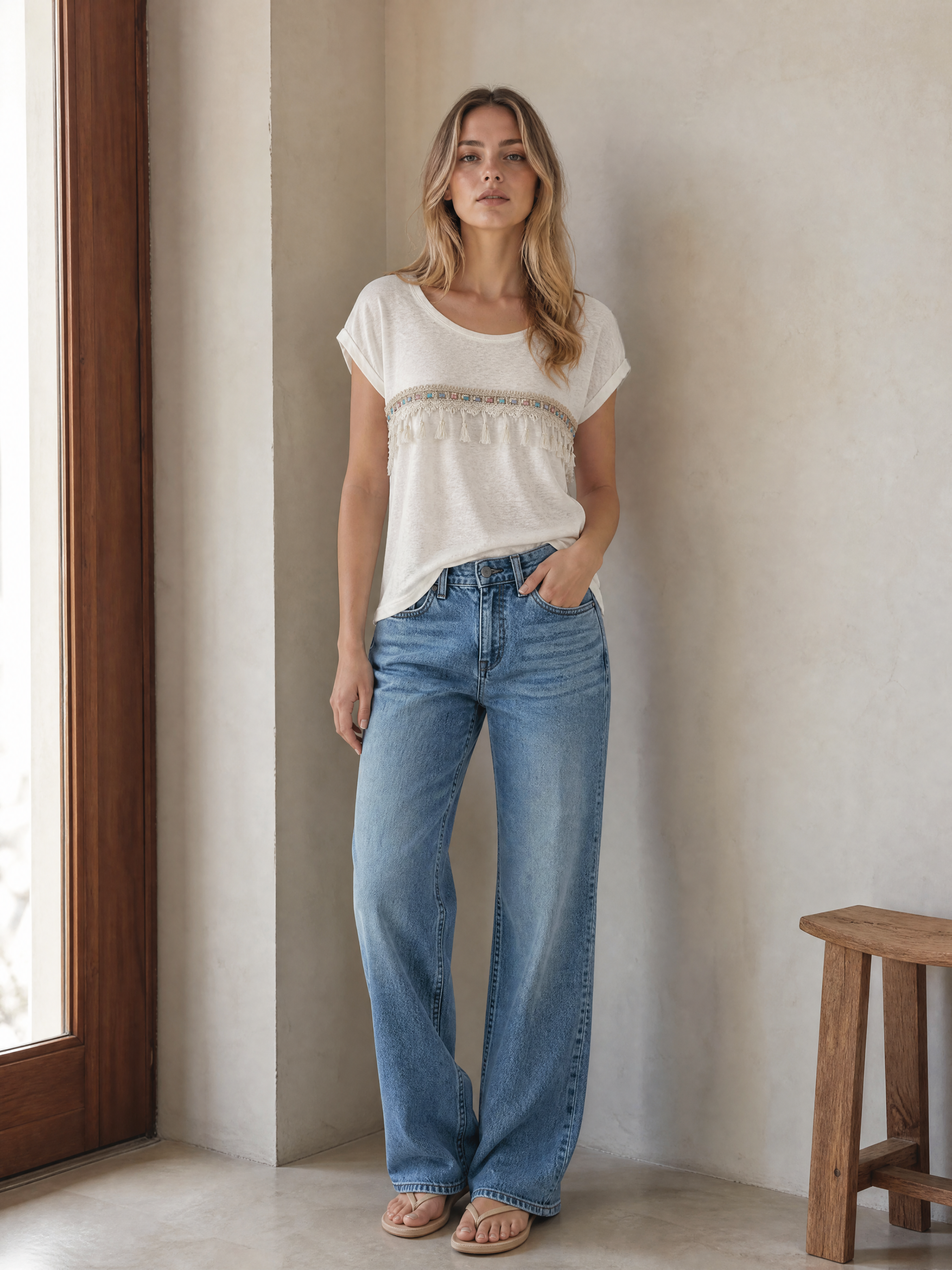 Women's White Linen‑Texture Boho Short‑Sleeve Top M-35165