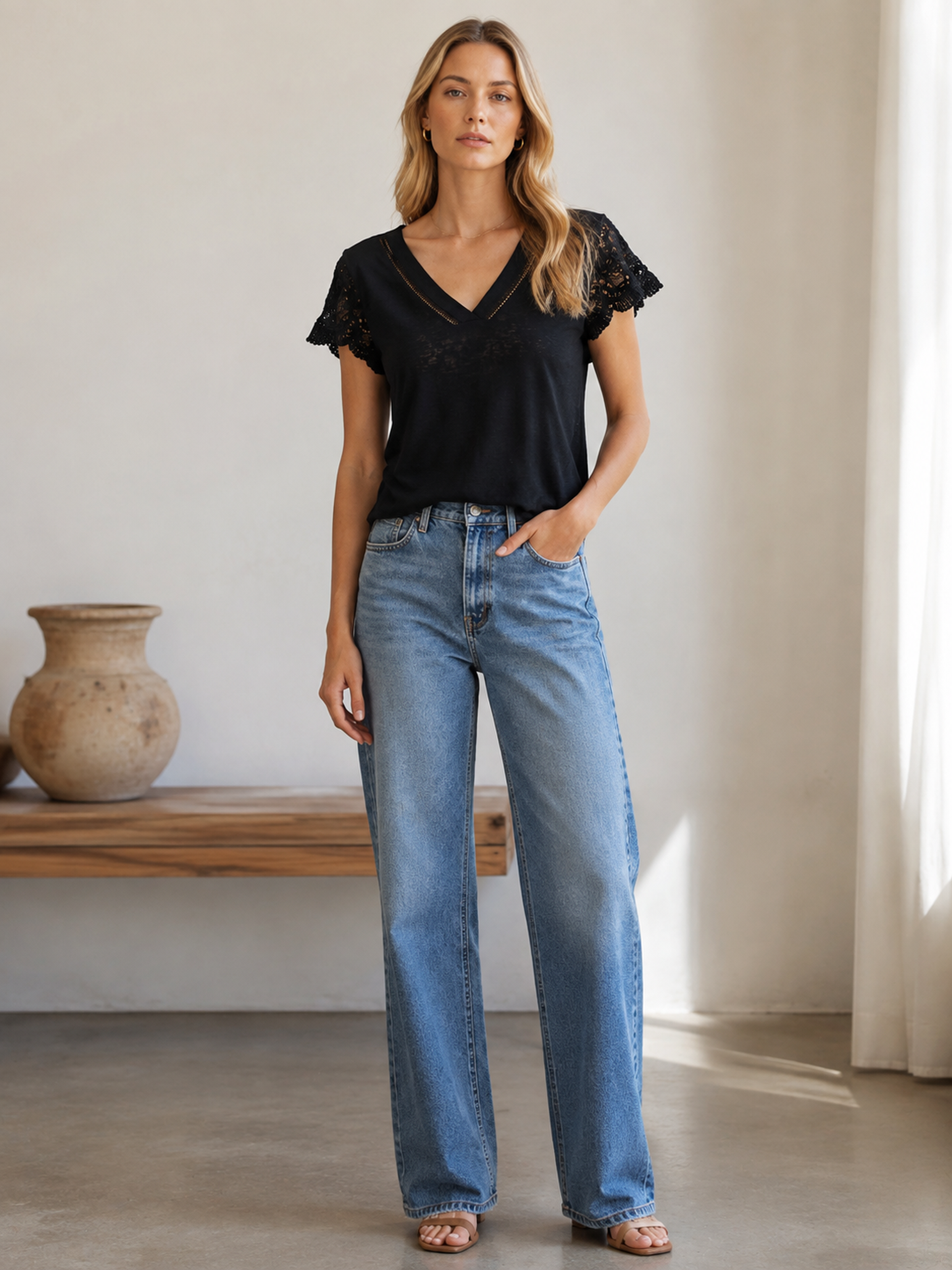Women's Black V‑Neck Linen‑Texture Short‑Sleeve Top M-42248-1