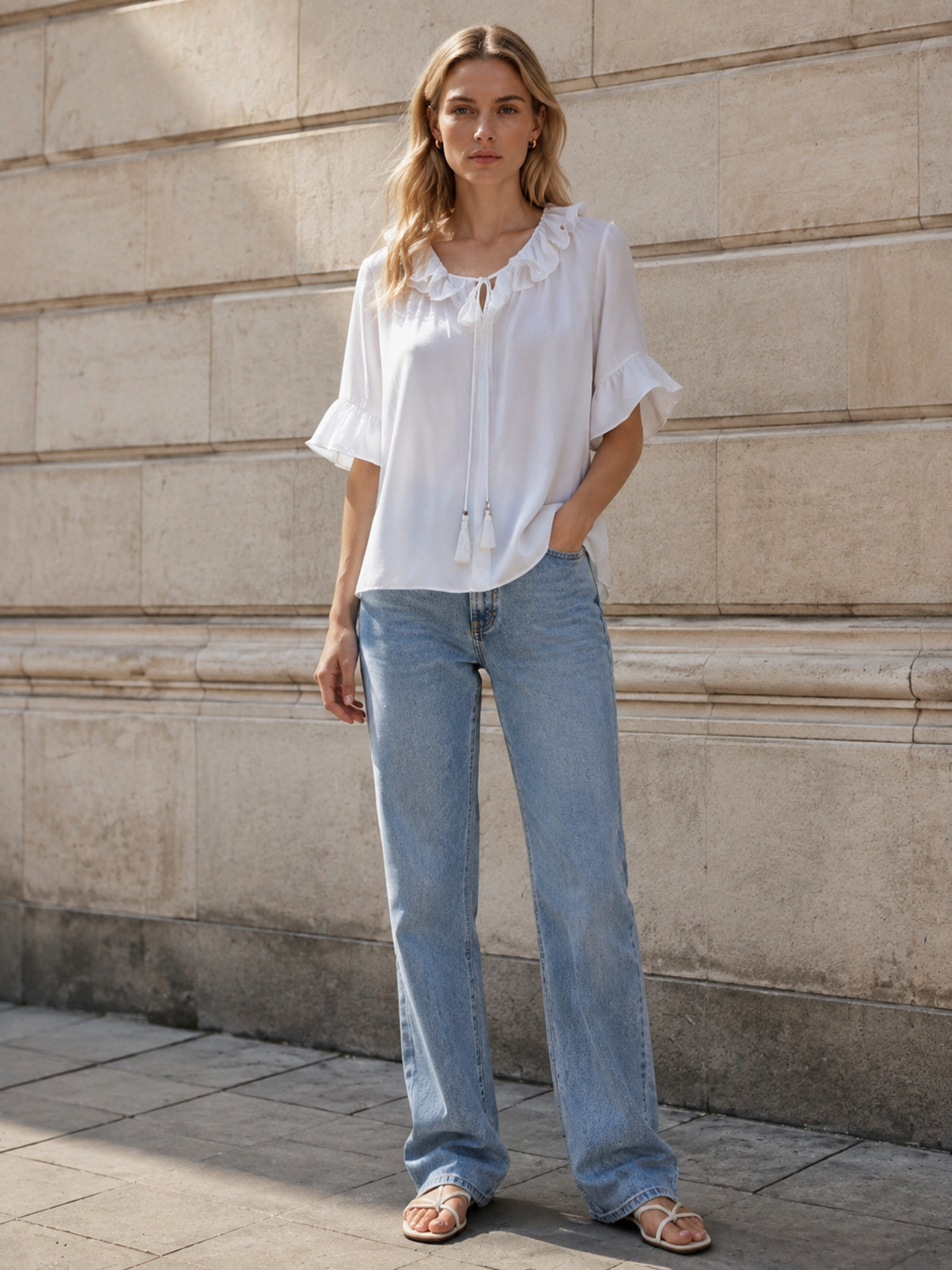 Women's White Ruffle‑Neck Chiffon Blouse W-38490