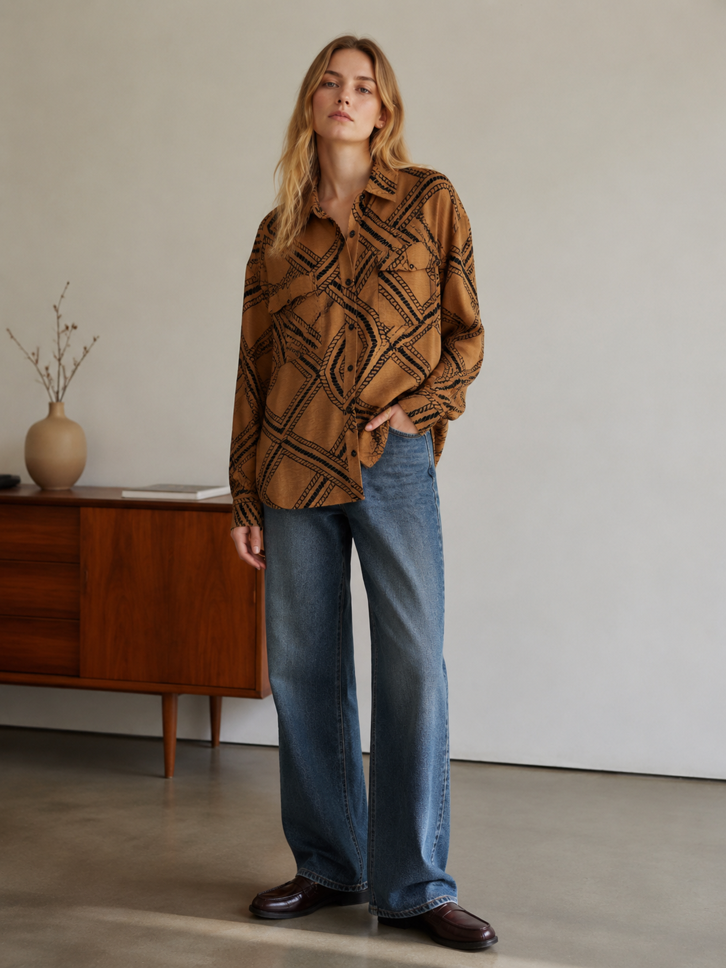 Elegant Brown Printed Loose‑Fit Blouse W-43410