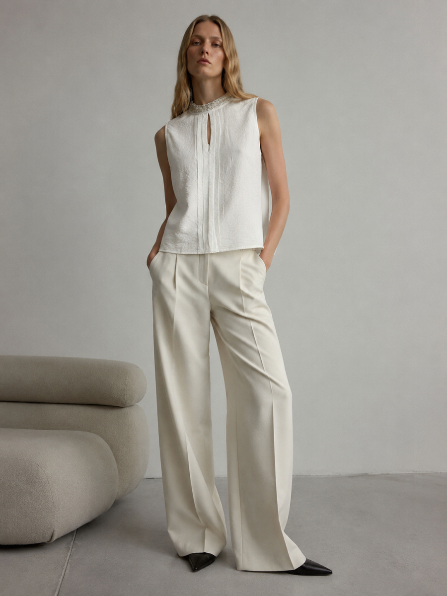 Women Rhinestone‑Trim Round‑Neck Sleeveless Top W-38322