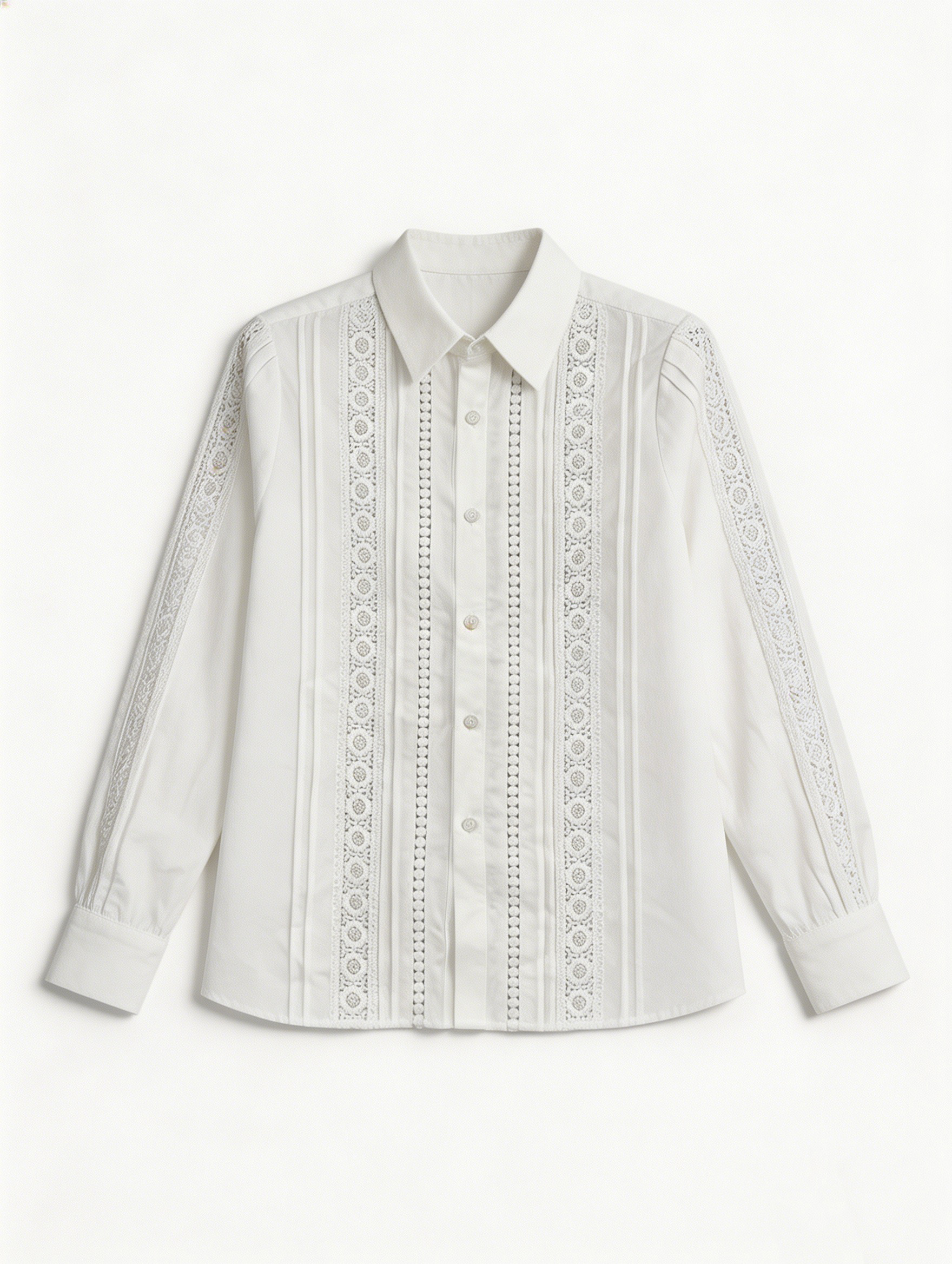 Chic White Lace Embroidered Blouse - Collared Relaxed Fit Top  D-42050