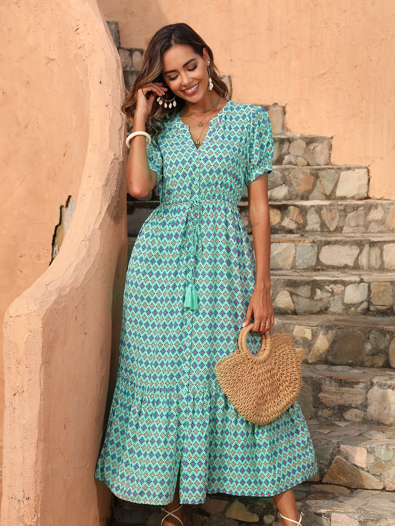 Women’s Boho Geometric V-Neck Tassel Tie Midi Dress D-35708