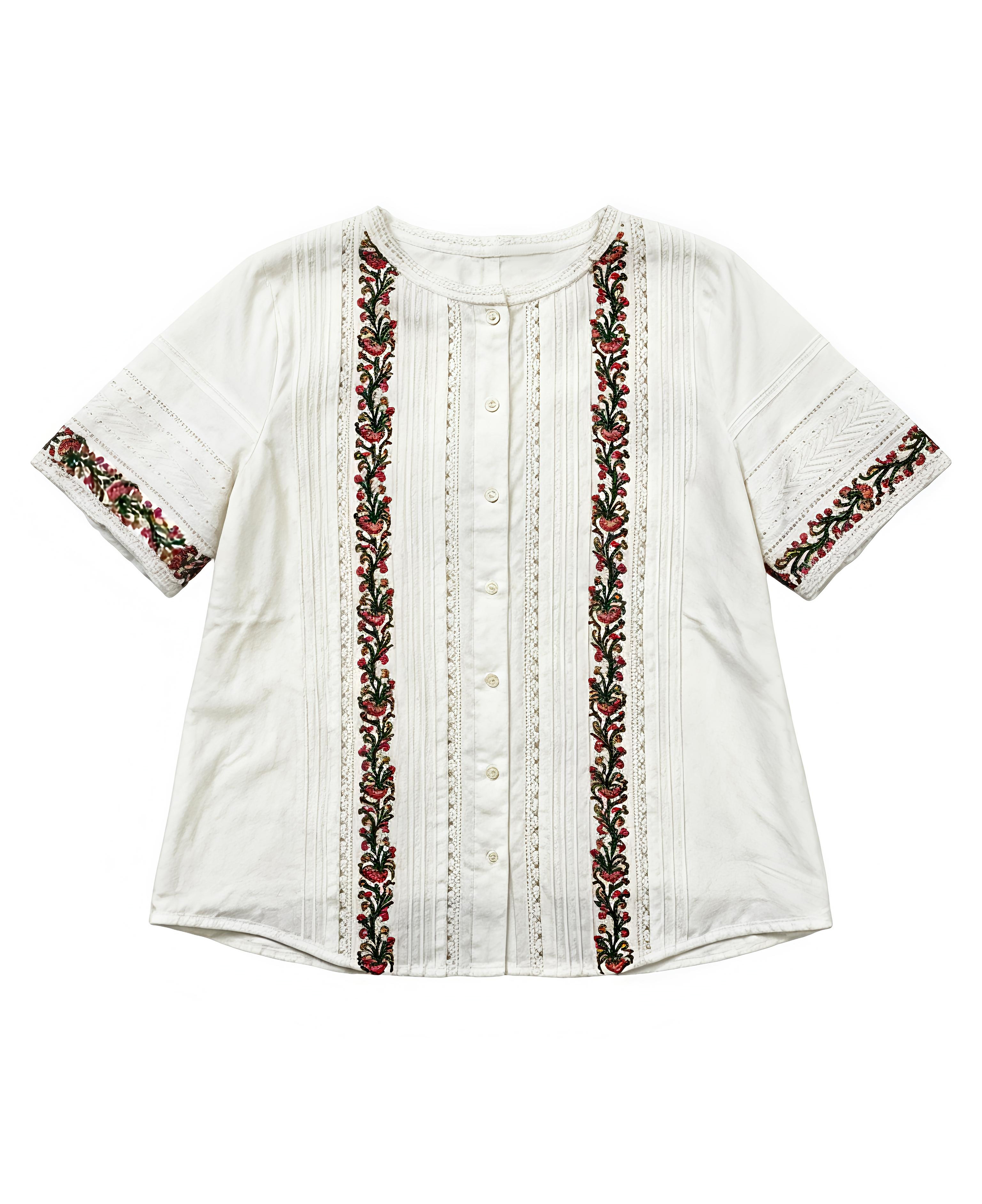 Women's White Boho Floral Embroidered Short Sleeve Blouse - Lace Trim Top  A-42664
