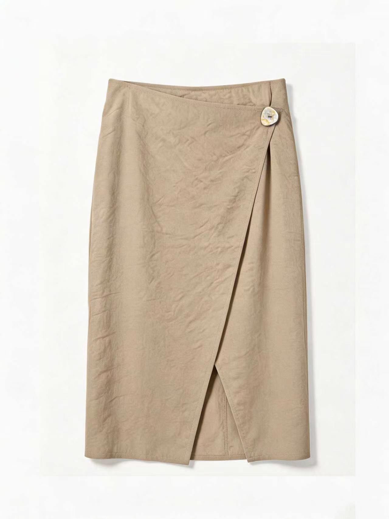English: Minimalist Linen-Blend Wrap Midi Skirt with Asymmetrical Button AN-620037