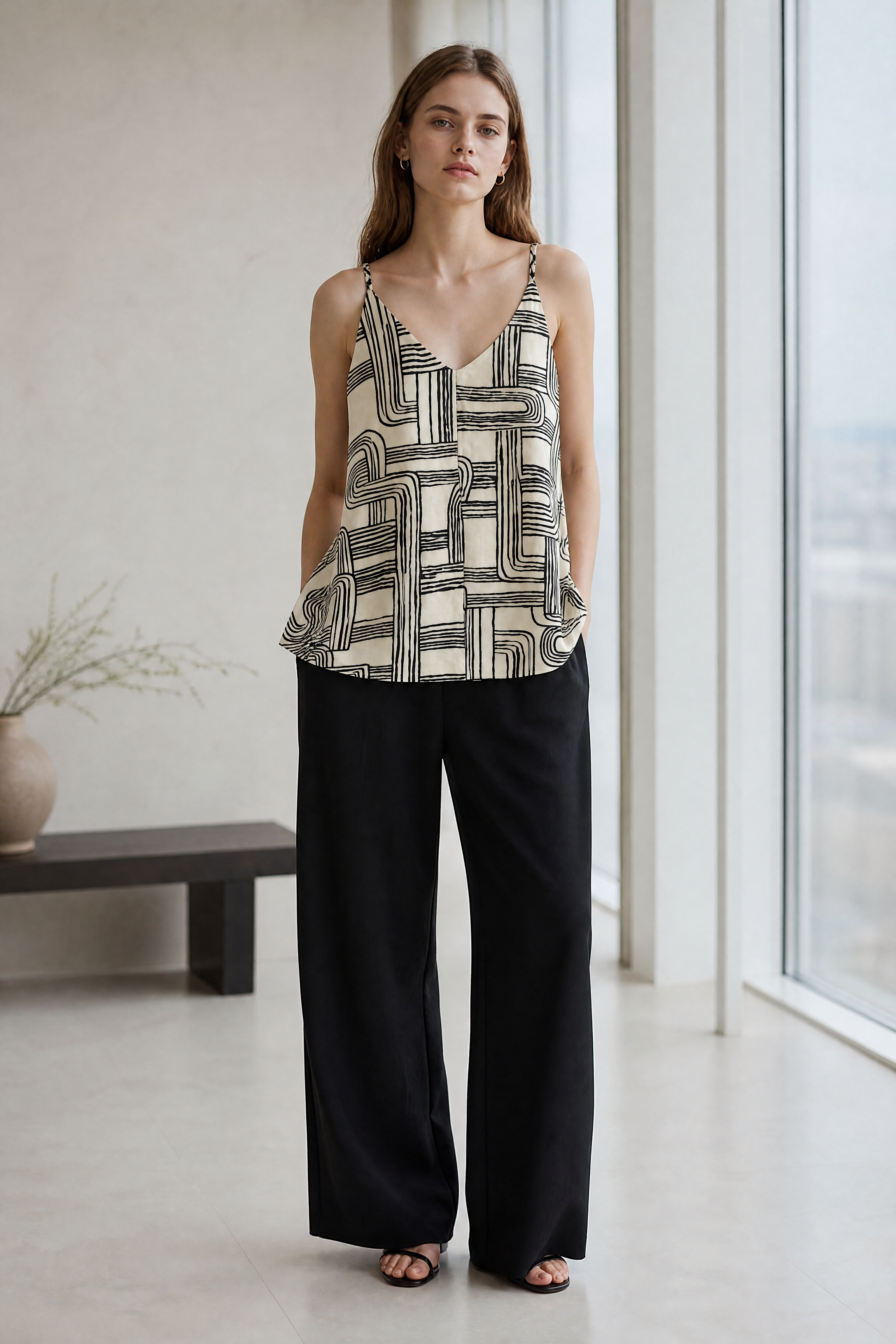 Women’s Geometric Print Spaghetti Strap Cami Top with Ruffle Hem 28011