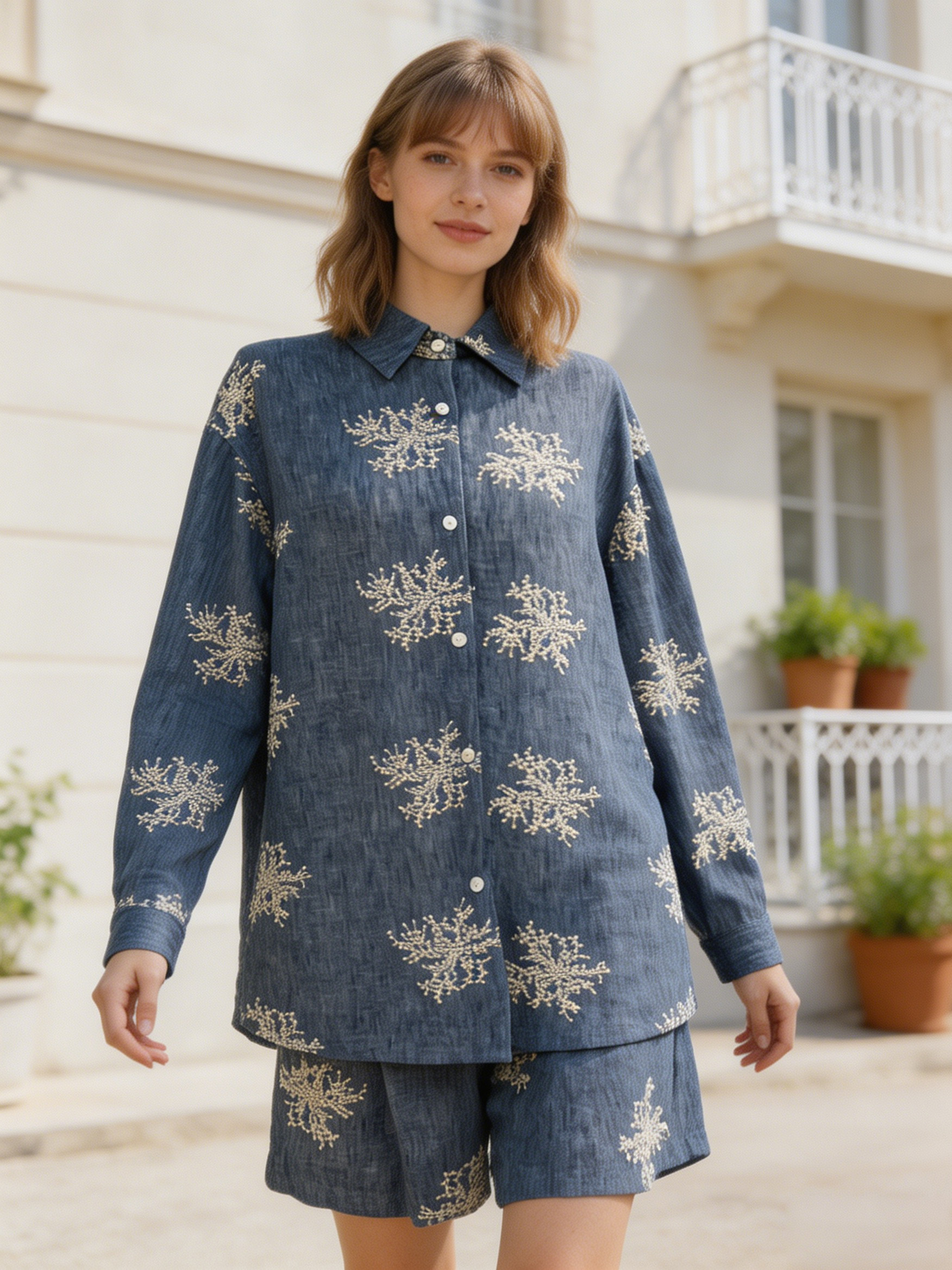 Fashion Long Sleeve Collar Button Front Tunic Top Casual Linen Look Summer Ensemble C-41713+C-41561