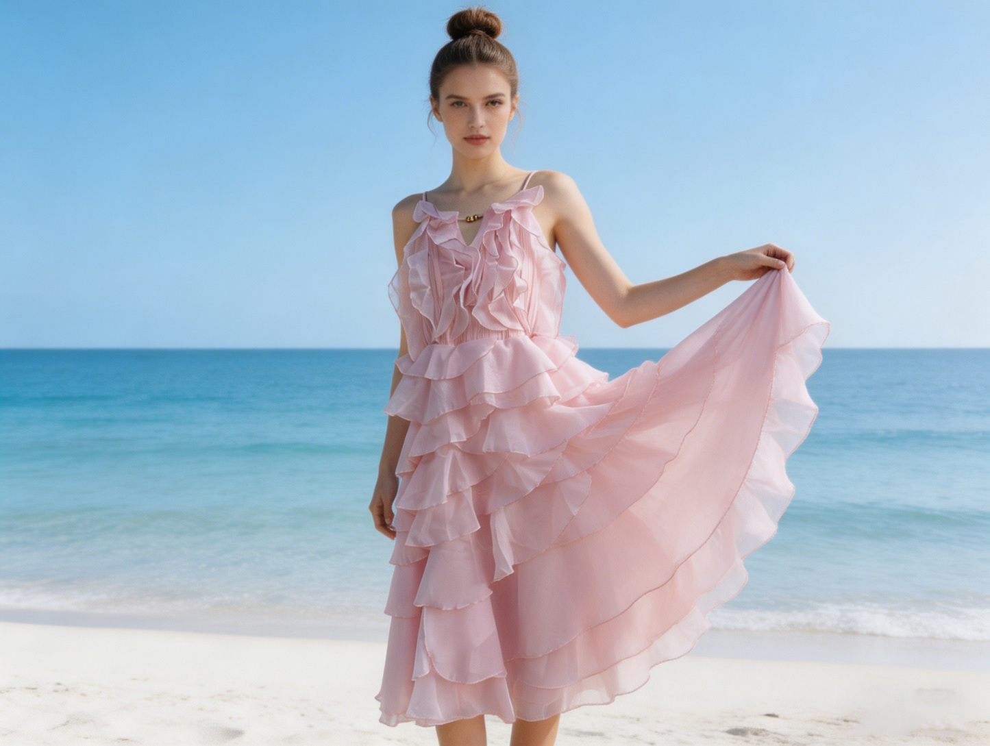 Pink Ruffle Tiered Midi Dress - Romantic Party Dress 5377