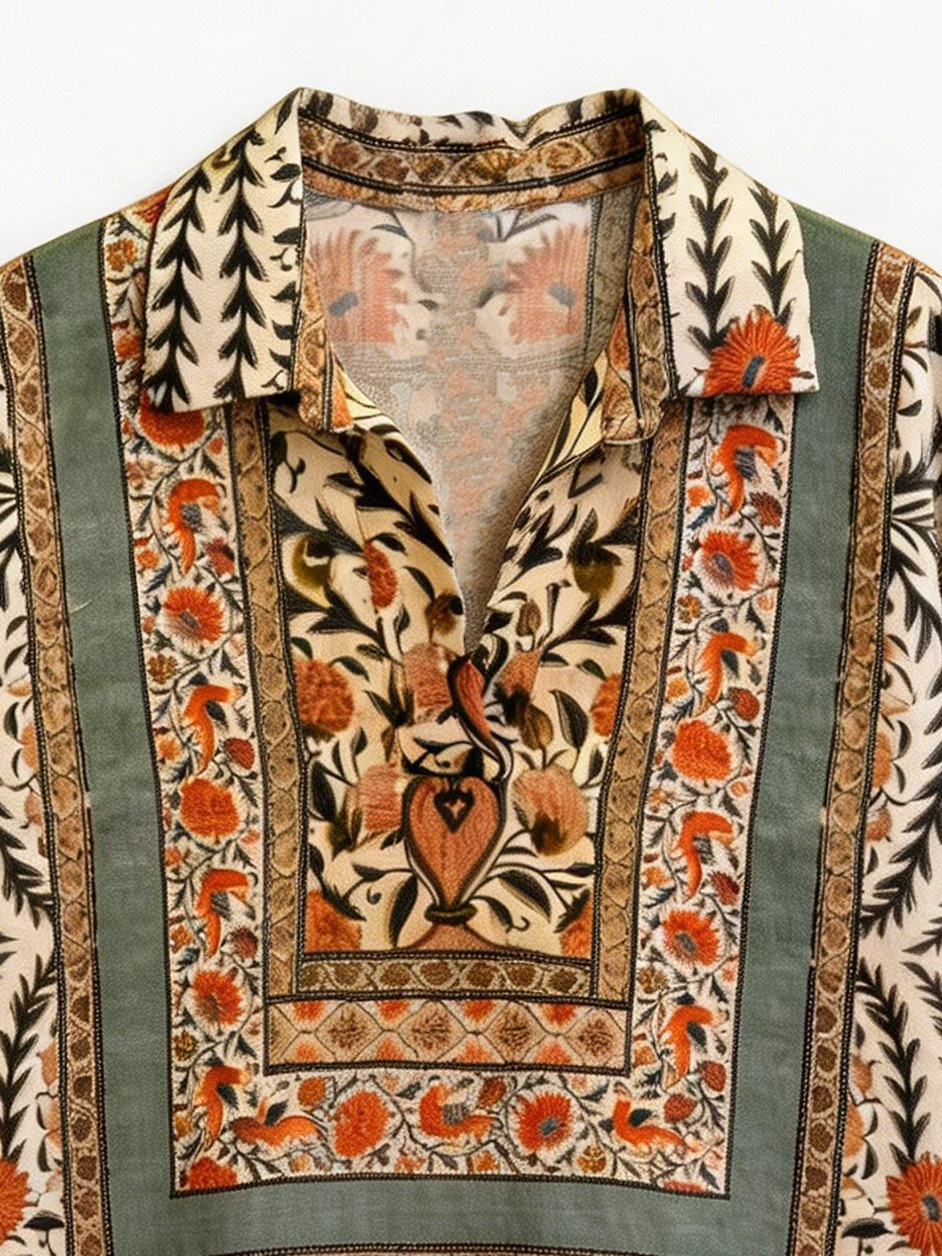 Boho Scarf Print V-Neck Camp Collar Relaxed Shirt AN-620049