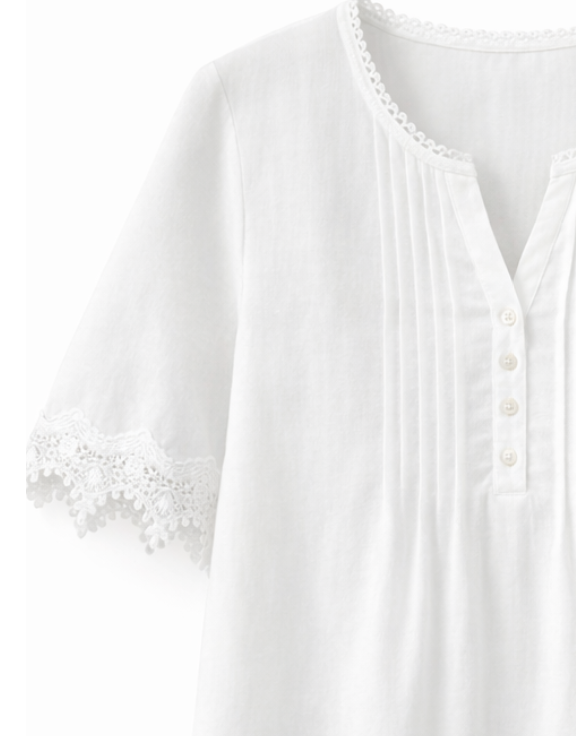 Round Neck Short-Sleeve Woven Top Simple Lace A-42411