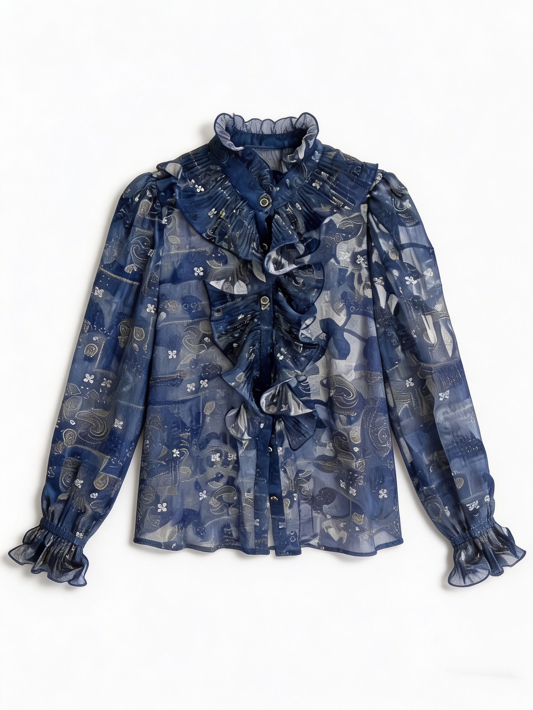 Women’s Vintage Ruffle High Neck Printed Chiffon Blouse XW-251203